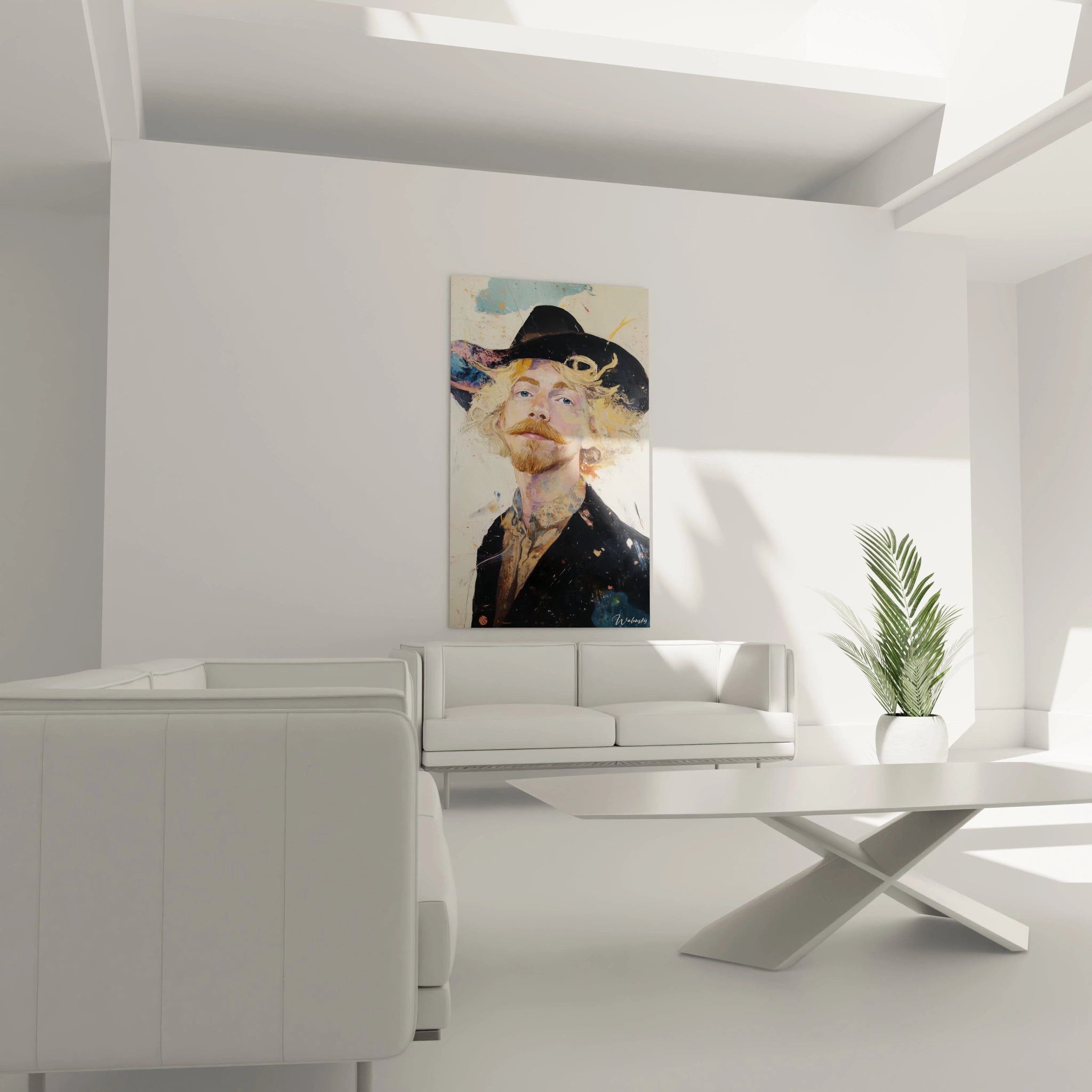 Un tableau artistique abstrait mettant en avant un portrait aux traits réalistes, avec un fond éclaboussé de bleu et d’orange, contrastant avec une veste noire et des reflets lumineux.