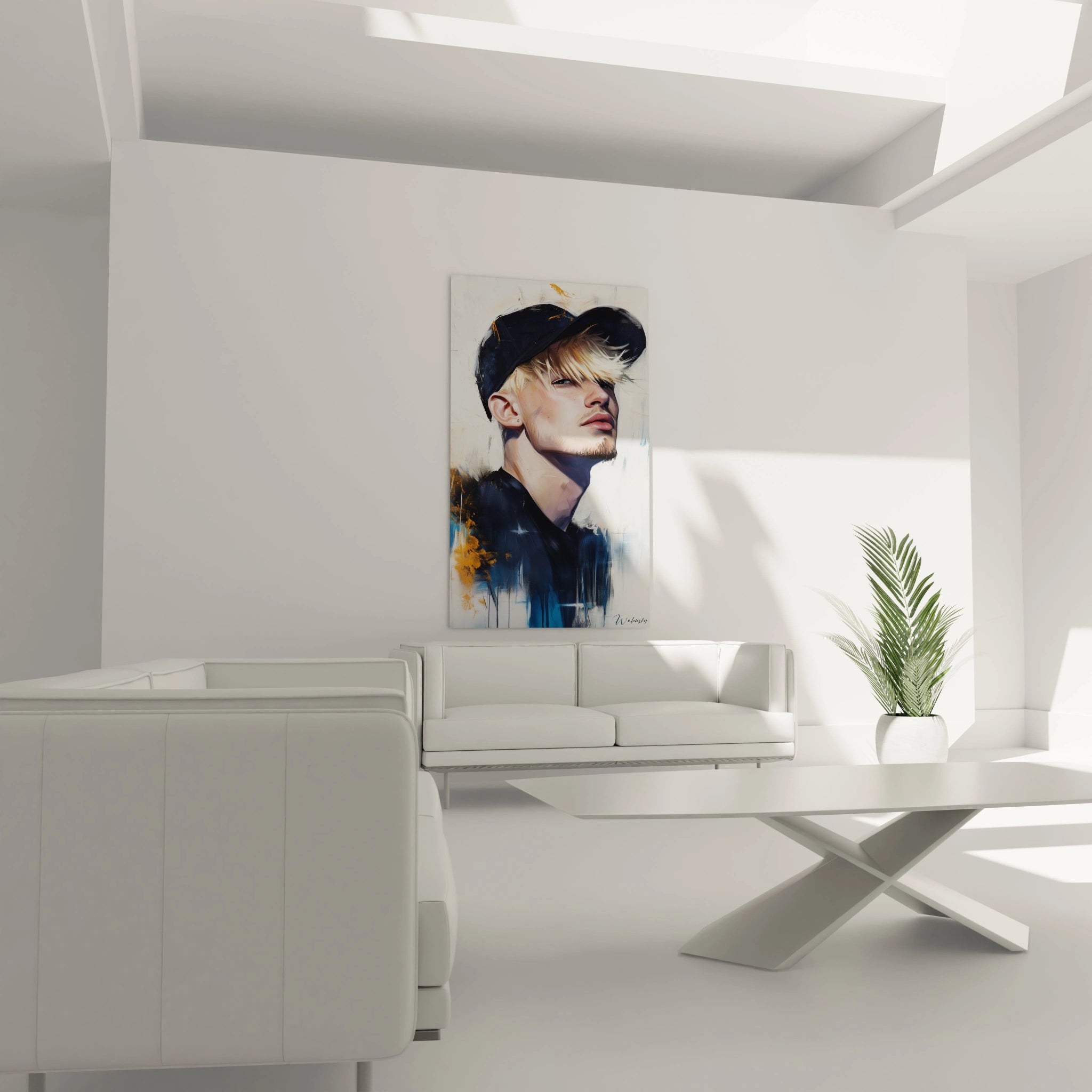 Un tableau Rembrandt van Rijn présentant un portrait détaillé aux textures lisses et épaisses, mêlant nuances de beige, noir et bleu, avec des éclats de peinture orange sur la toile et un effet de mouvement.