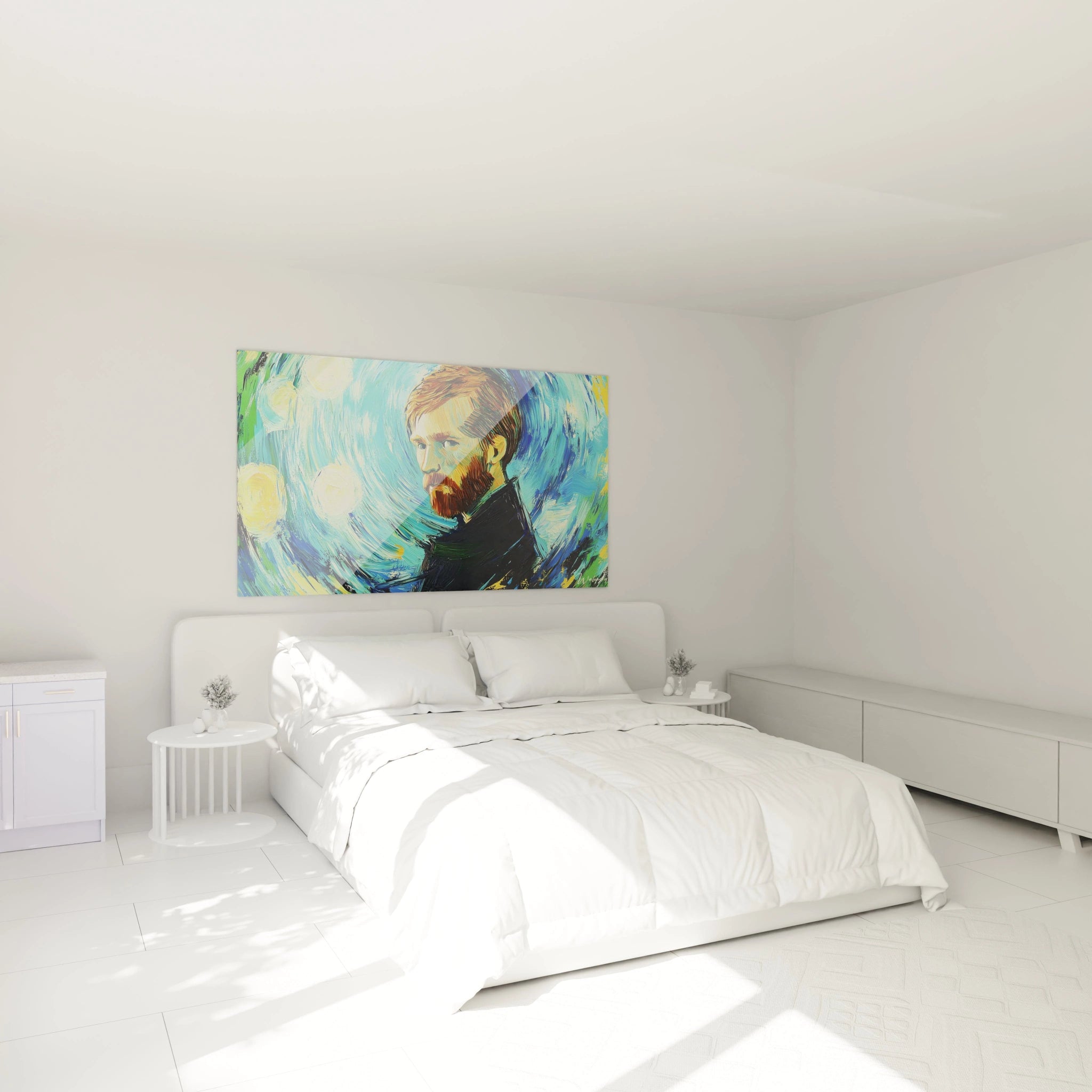 Portrait d'un homme roux dans un tableau artistique abstrait, sur un fond bleu vif et jaune tourbillonnant, avec des coups de pinceaux visibles et des textures épaisses.