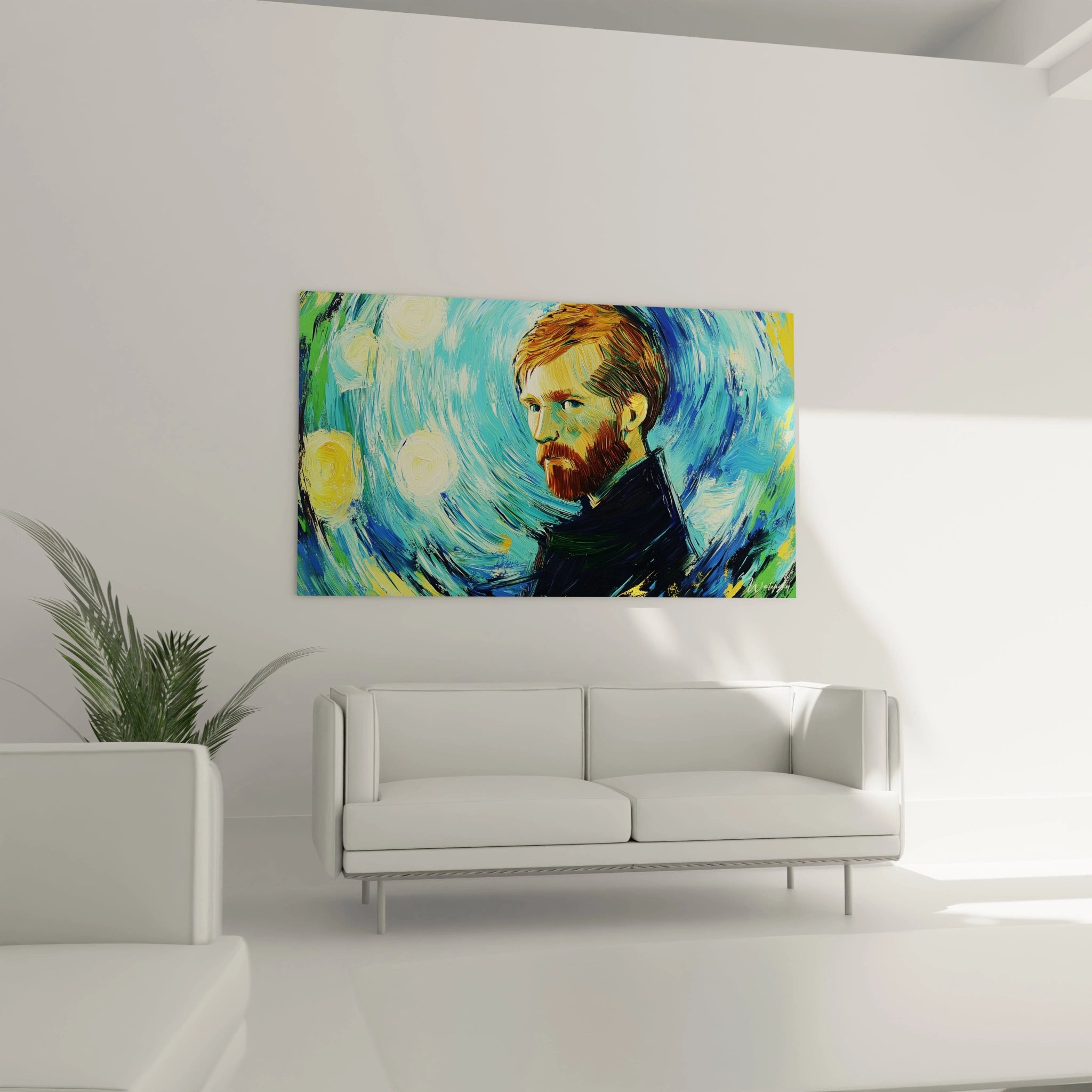 Tableau artistique abstrait montrant un homme roux, entouré de formes tourbillonnantes bleu et jaune, avec des reliefs texturés et des détails précis sur le visage.