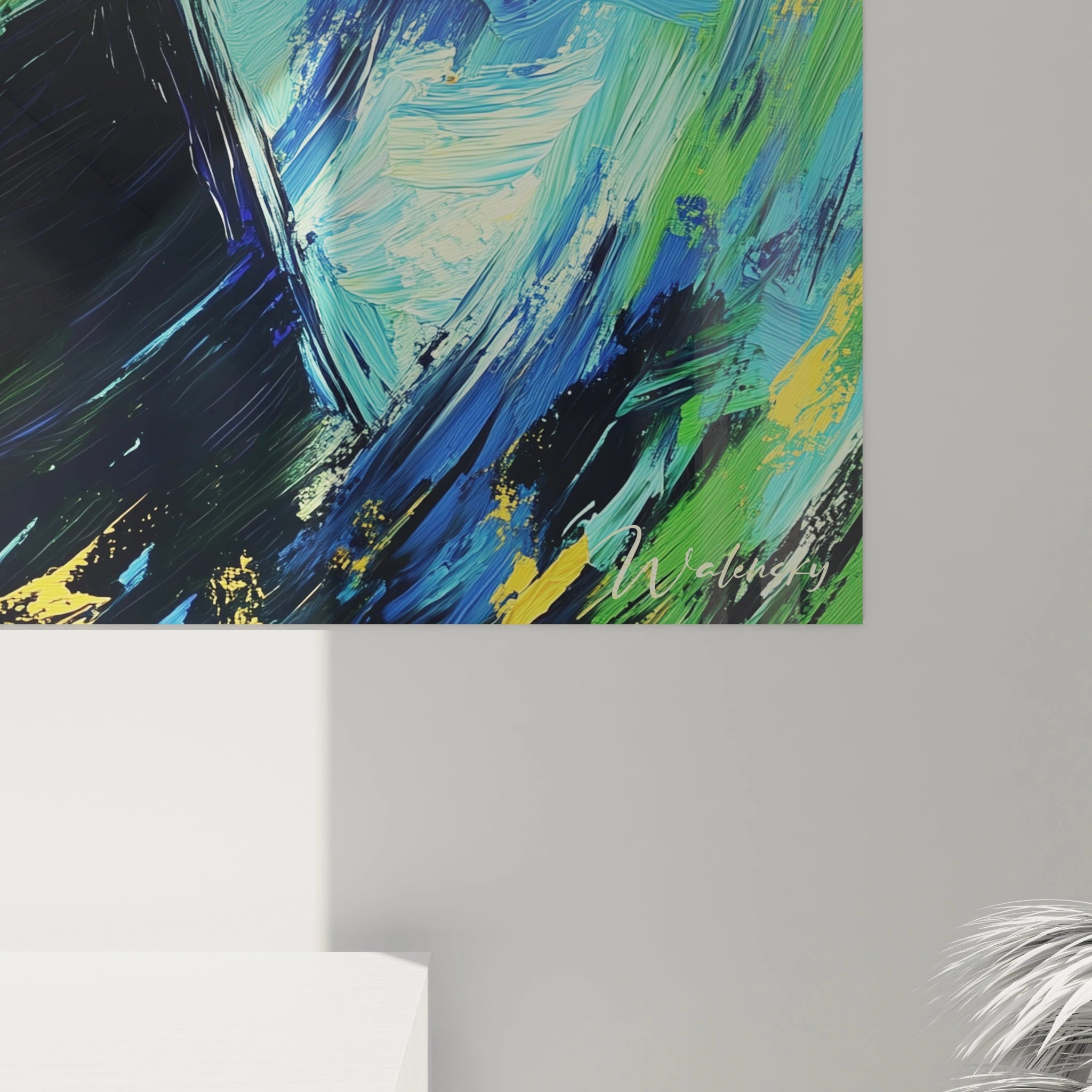 Un tableau artistique abstrait avec un homme roux au centre, un fond tourbillonnant de bleu et jaune, et des textures en relief marquant chaque coup de pinceau.