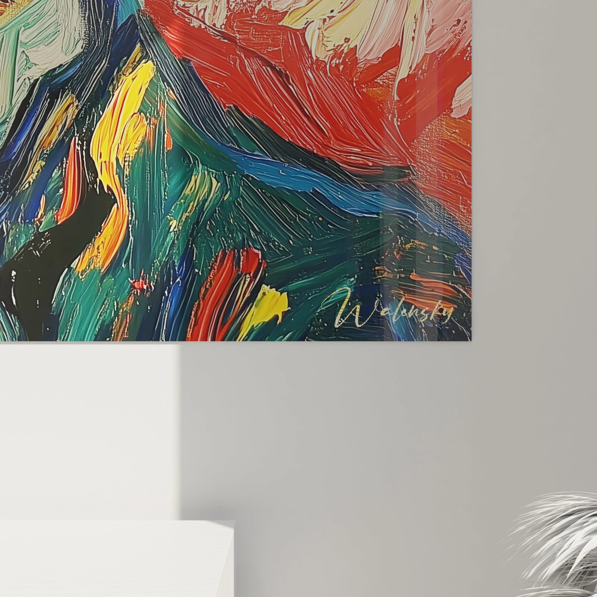 Un tableau Vincent Van Gogh illustrant un visage détaillé sur un fond multicolore vibrant, enrichi de textures brutes et de teintes dominantes bleu, rouge et orange.