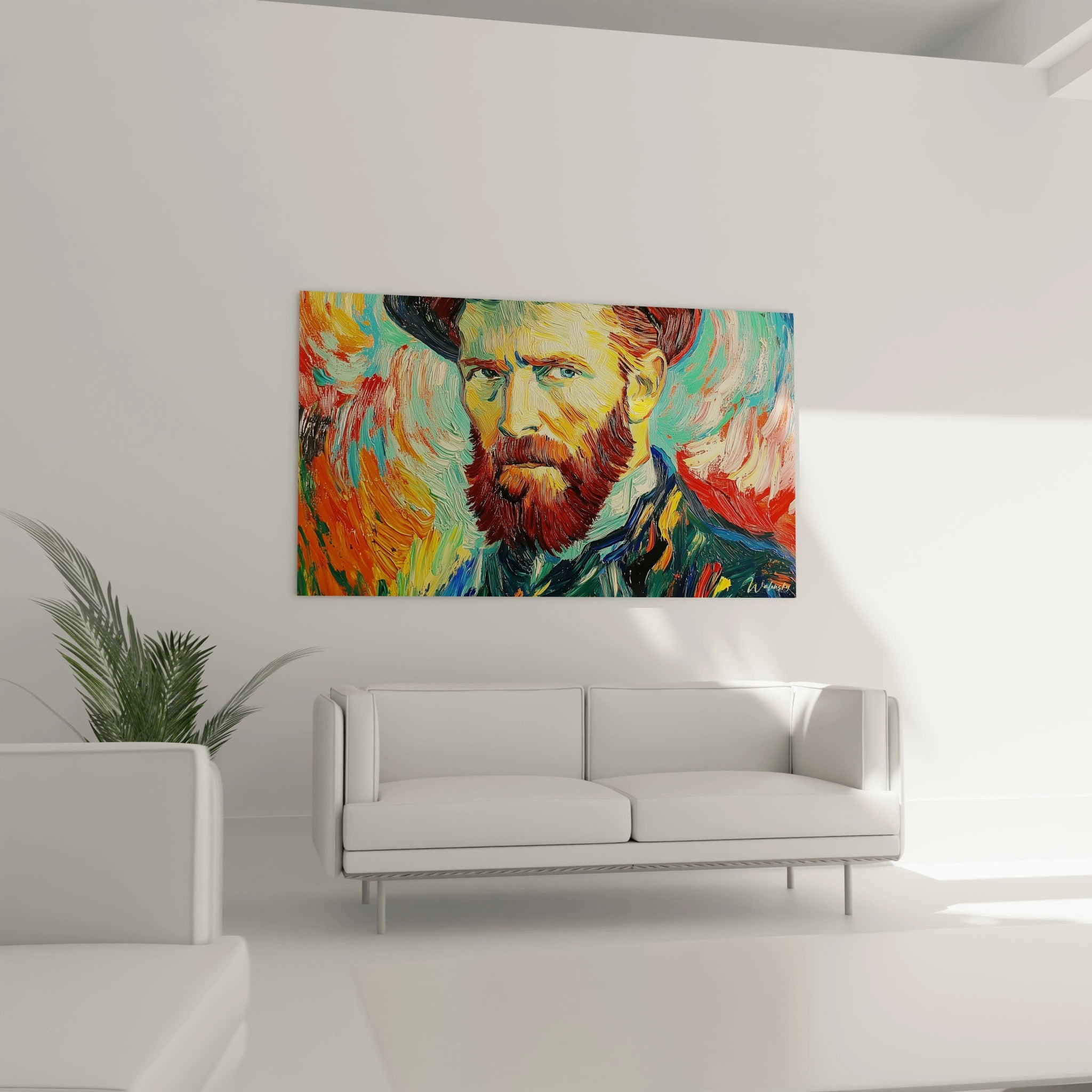 Gros plan sur un tableau Vincent Van Gogh abstrait, mettant en évidence un visage expressif entouré de lignes tourbillonnantes et de textures épaisses dans des tons rouge, orange et bleu.