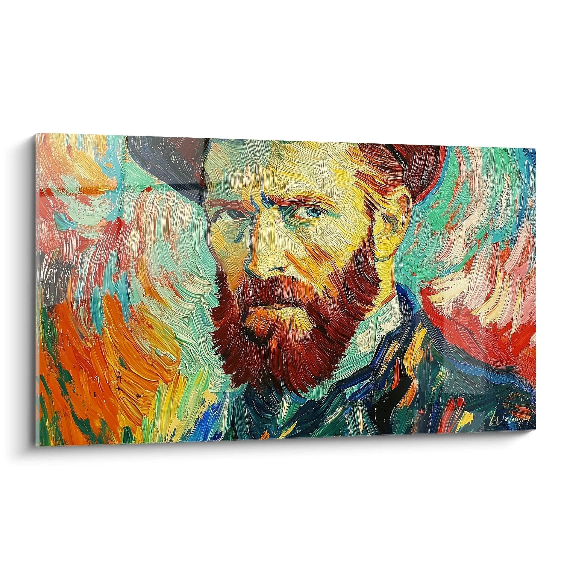 Un tableau Vincent Van Gogh montrant un visage barbu sur un fond tourbillonnant, avec des teintes orange, rouge et bleu, et des textures épaisses en relief.