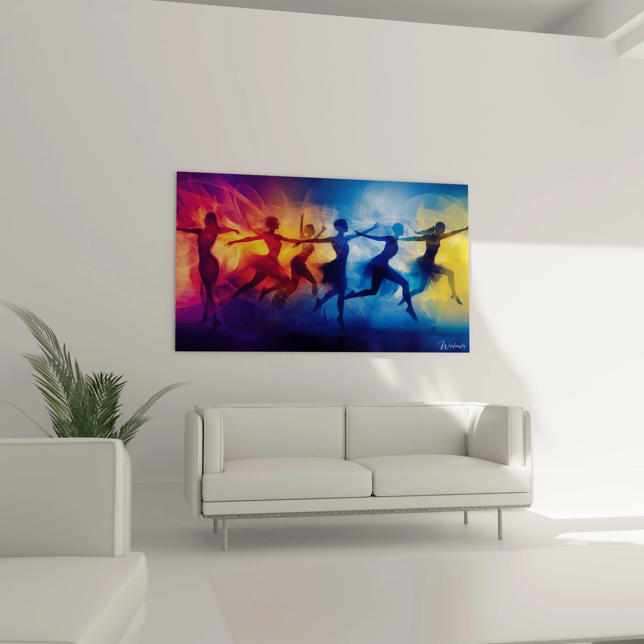 Un tableau Sonia Delaunay montrant des corps abstraits en déplacement, fusionnant des teintes vives de rouge, jaune et bleu, avec des lignes courbes et des jeux de superpositions translucides.