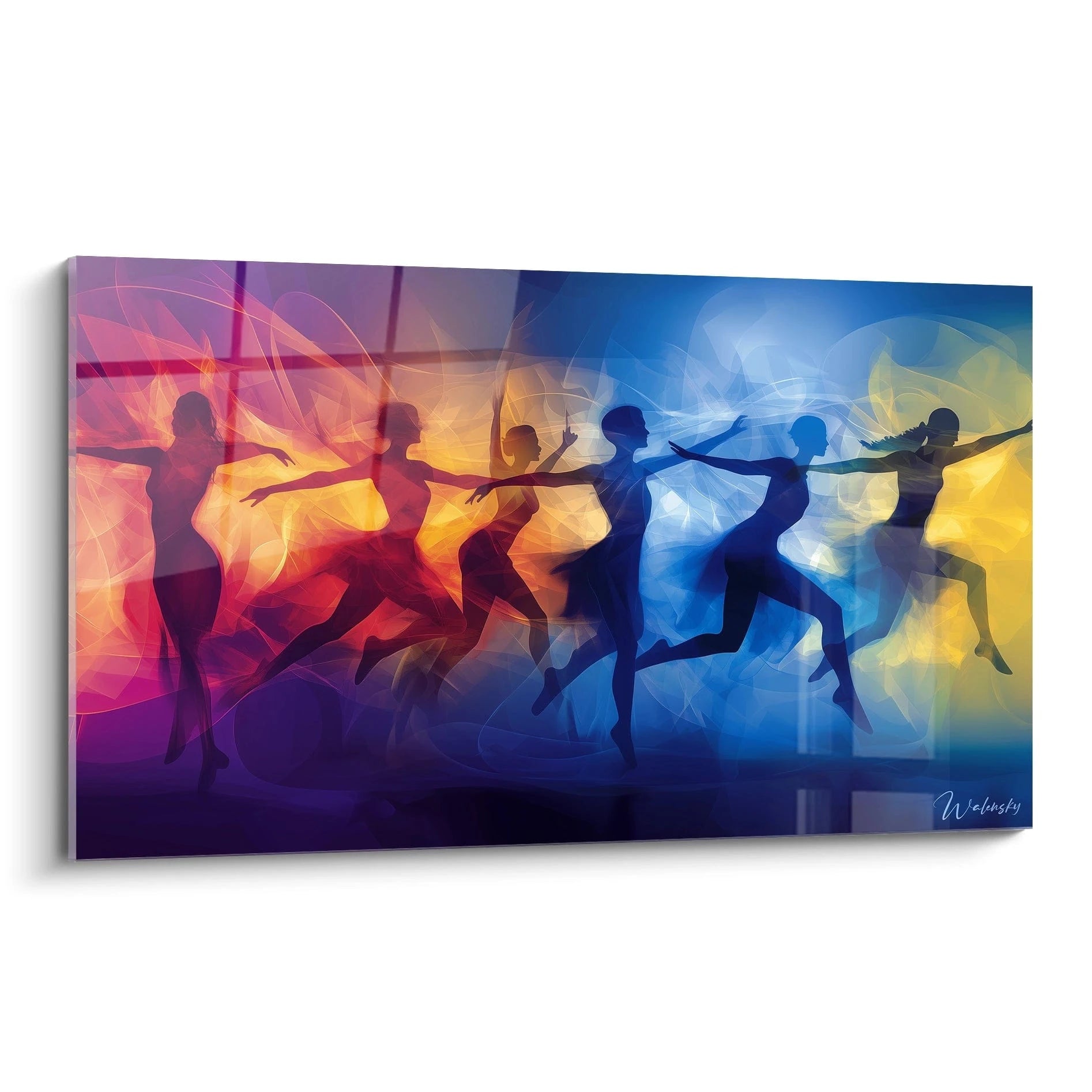 Un tableau Sonia Delaunay représentant des silhouettes en mouvement, aux teintes rouges, jaunes et bleues, avec des effets de transparence et des superpositions dynamiques sur un fond coloré.