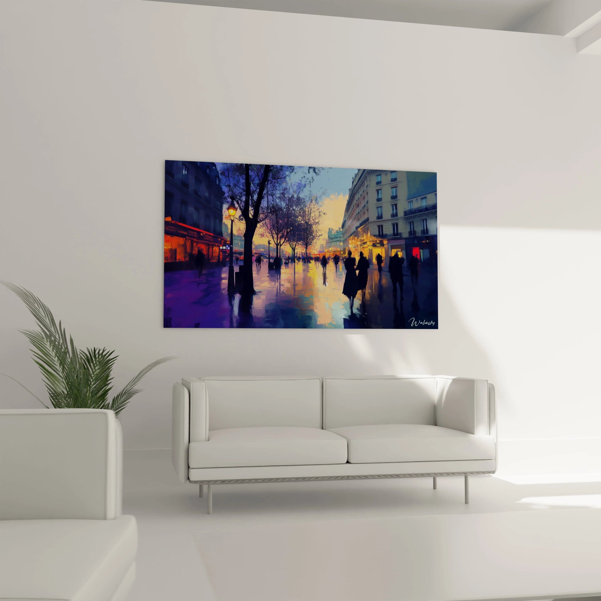 Un tableau artistique abstrait mettant en avant une rue animée avec des lumières de vitrines et des réverbères. Des effets de texture et de lumière accentuent les contrastes entre les zones sombres et les reflets colorés.