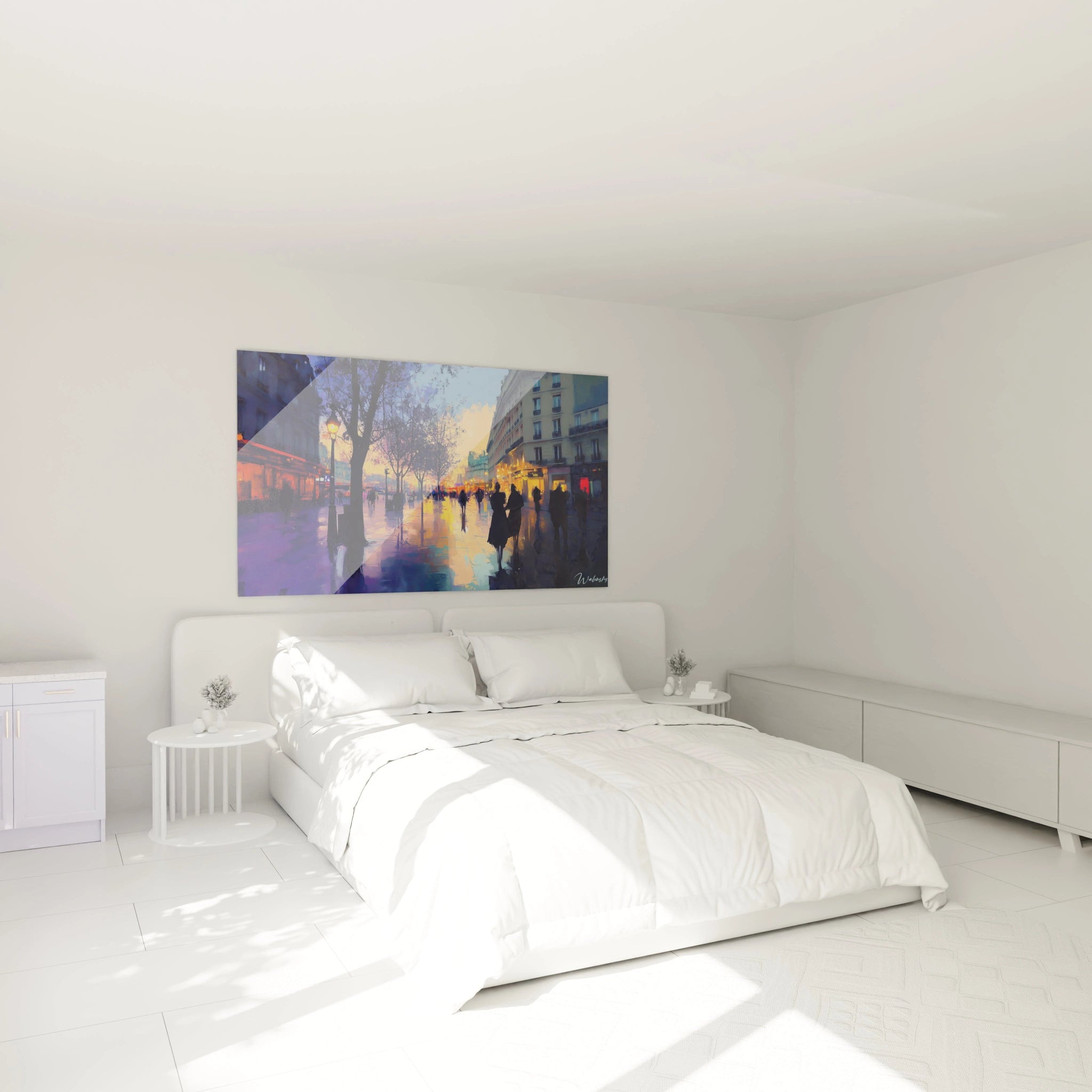 Un tableau artistique abstrait illustrant une avenue bordée d’arbres et de bâtiments, où des passants se déplacent sous un éclairage tamisé. Les couleurs dominantes sont le bleu profond, l’orange et le violet.