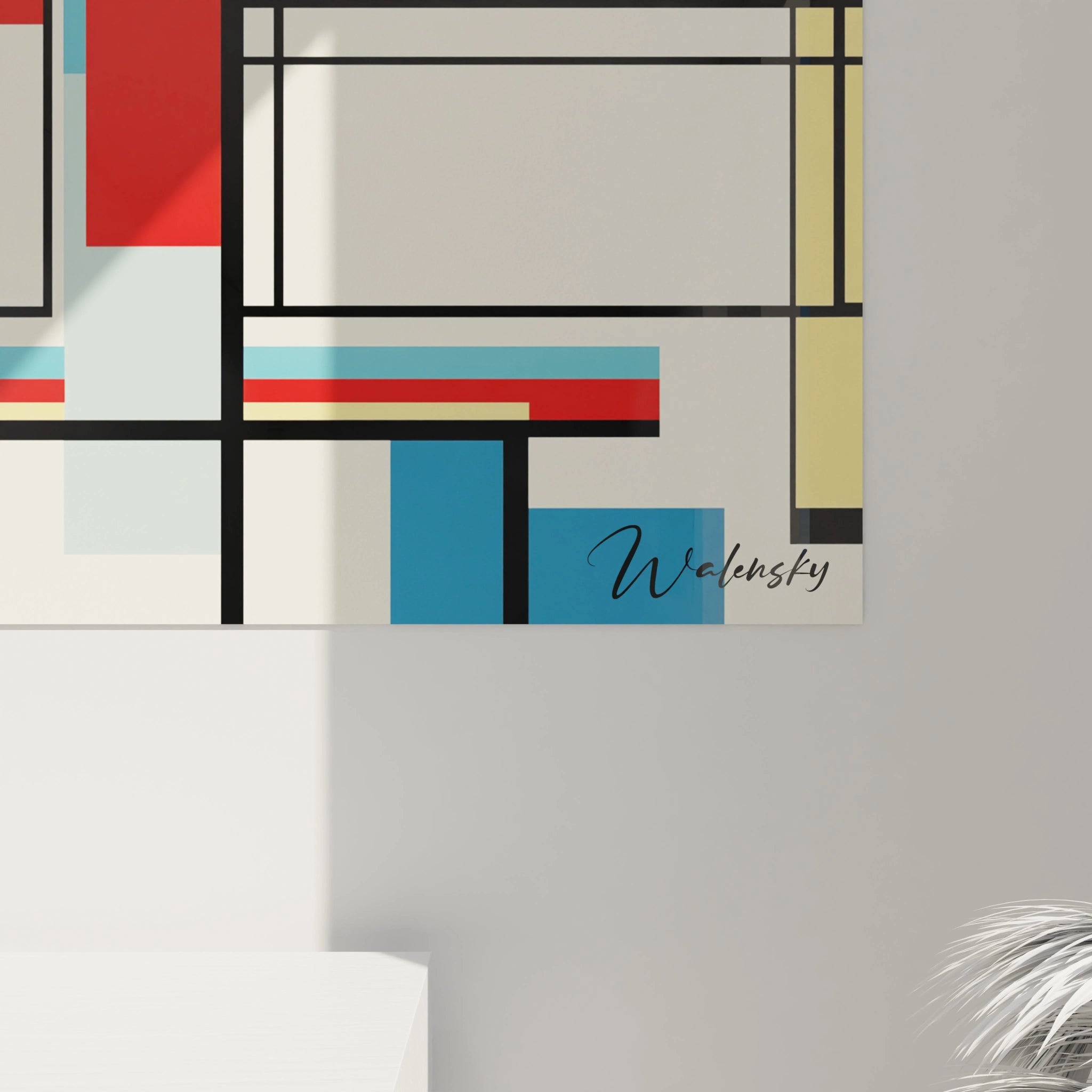 Un tableau Piet Mondrian affichant une grille de rectangles rouges, jaunes et bleus, encadrés par des lignes noires contrastées et des formes partiellement superposées sur un fond clair.