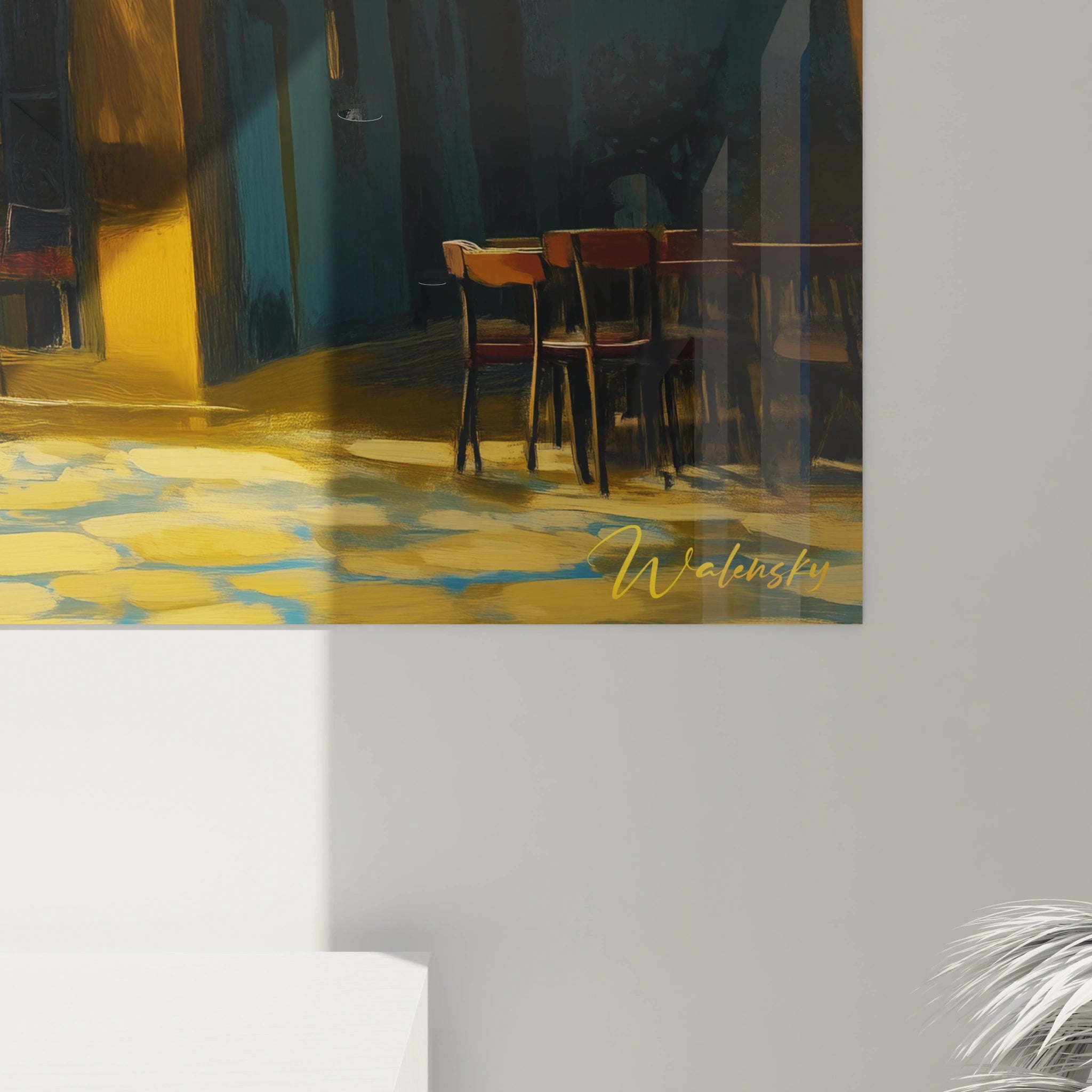 Une composition abstraite dans un tableau Vincent Van Gogh, avec des lampes suspendues, des pavés jaunes, et un ciel bleu texturé, marqué par des reliefs et des couches de peinture visibles.