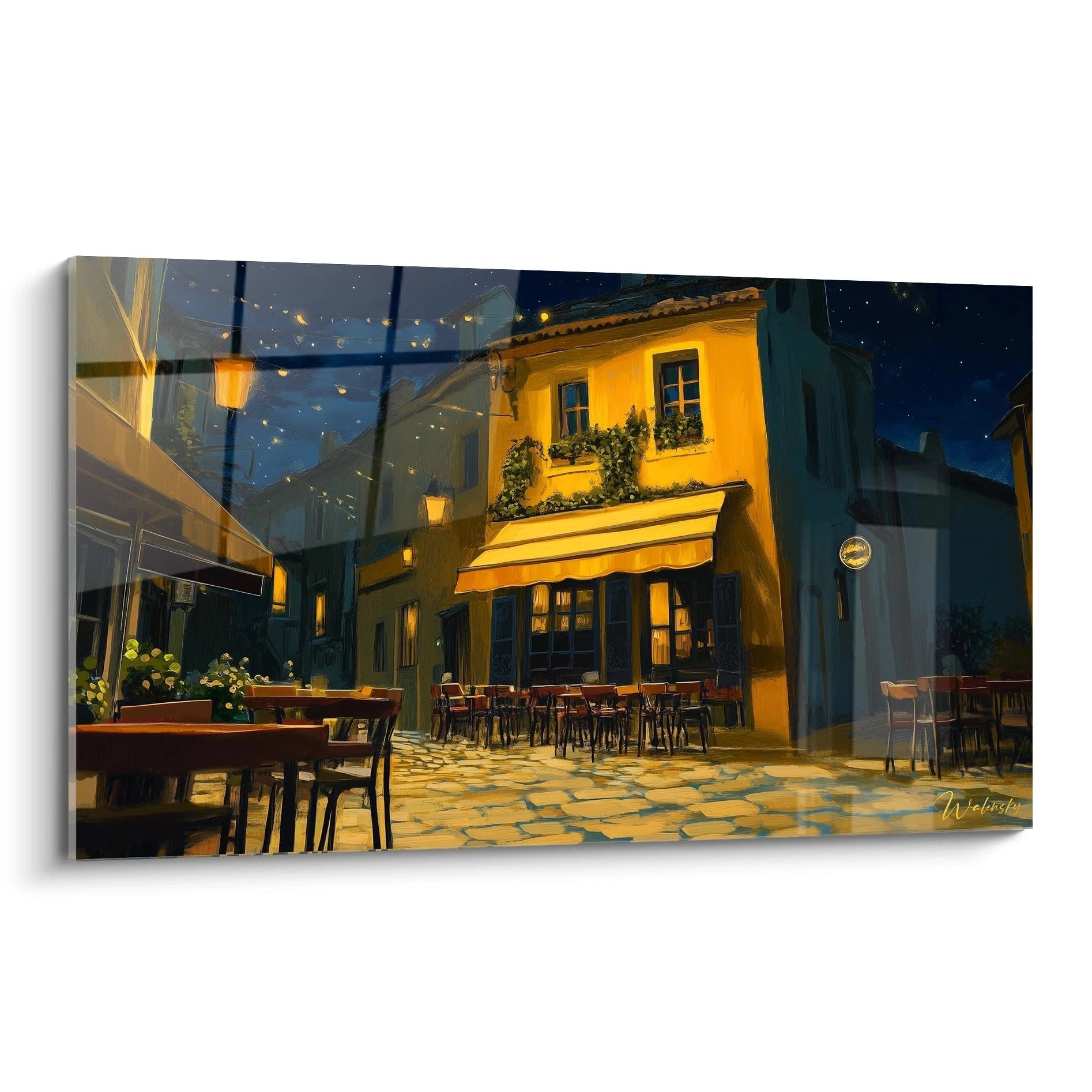 Un tableau artistique abstrait représentant une ruelle illuminée, avec des tons jaunes éclatants, bleu profond et touches d’orange, marqué par des coups de pinceau texturés.