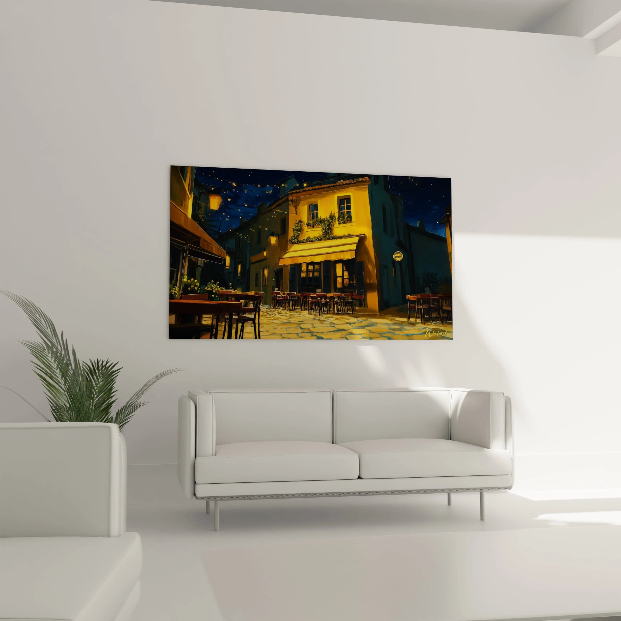 Un tableau artistique abstrait montrant des façades éclairées et un ciel étoilé, dans des nuances de jaune vif, bleu et noir, avec des lignes ondulées et texturées.