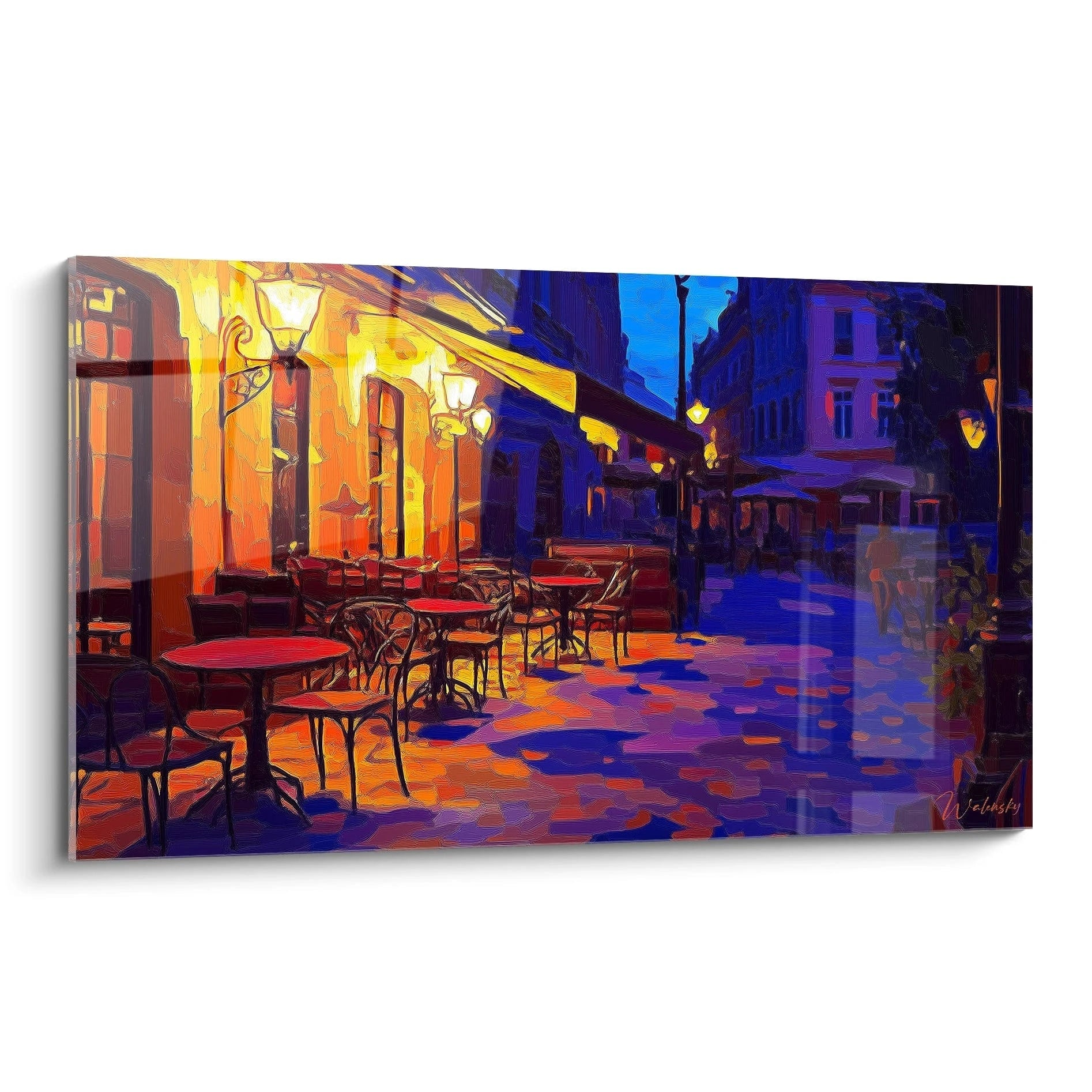 Un tableau Vincent Van Gogh montrant une scène de café nocturne, aux tons jaune, bleu et rouge, avec des textures ondulées et des détails lumineux.