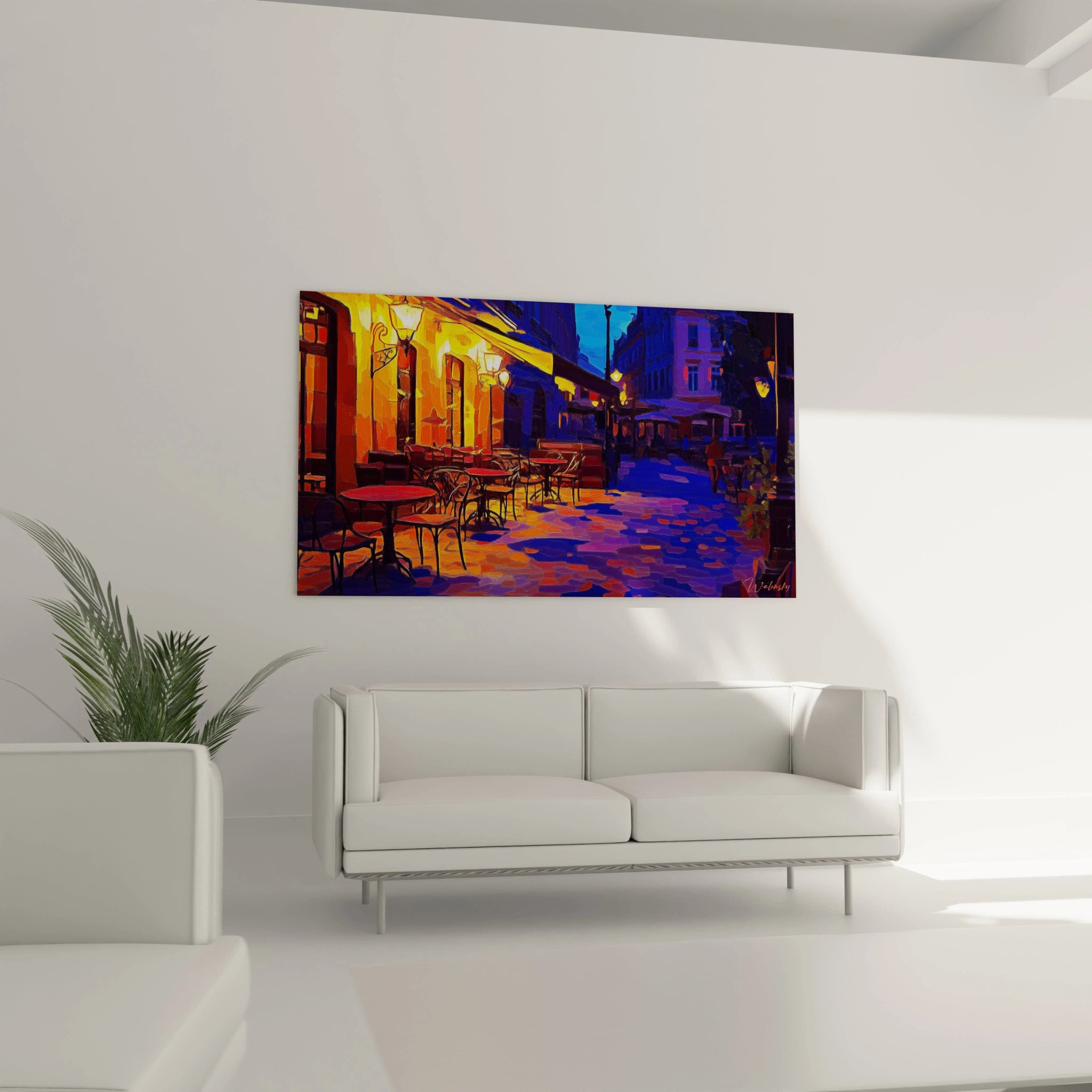 Un tableau Vincent Van Gogh mettant en avant un café en soirée, avec des teintes dominantes de jaune, marine et rouge, et des textures superposées détaillées.