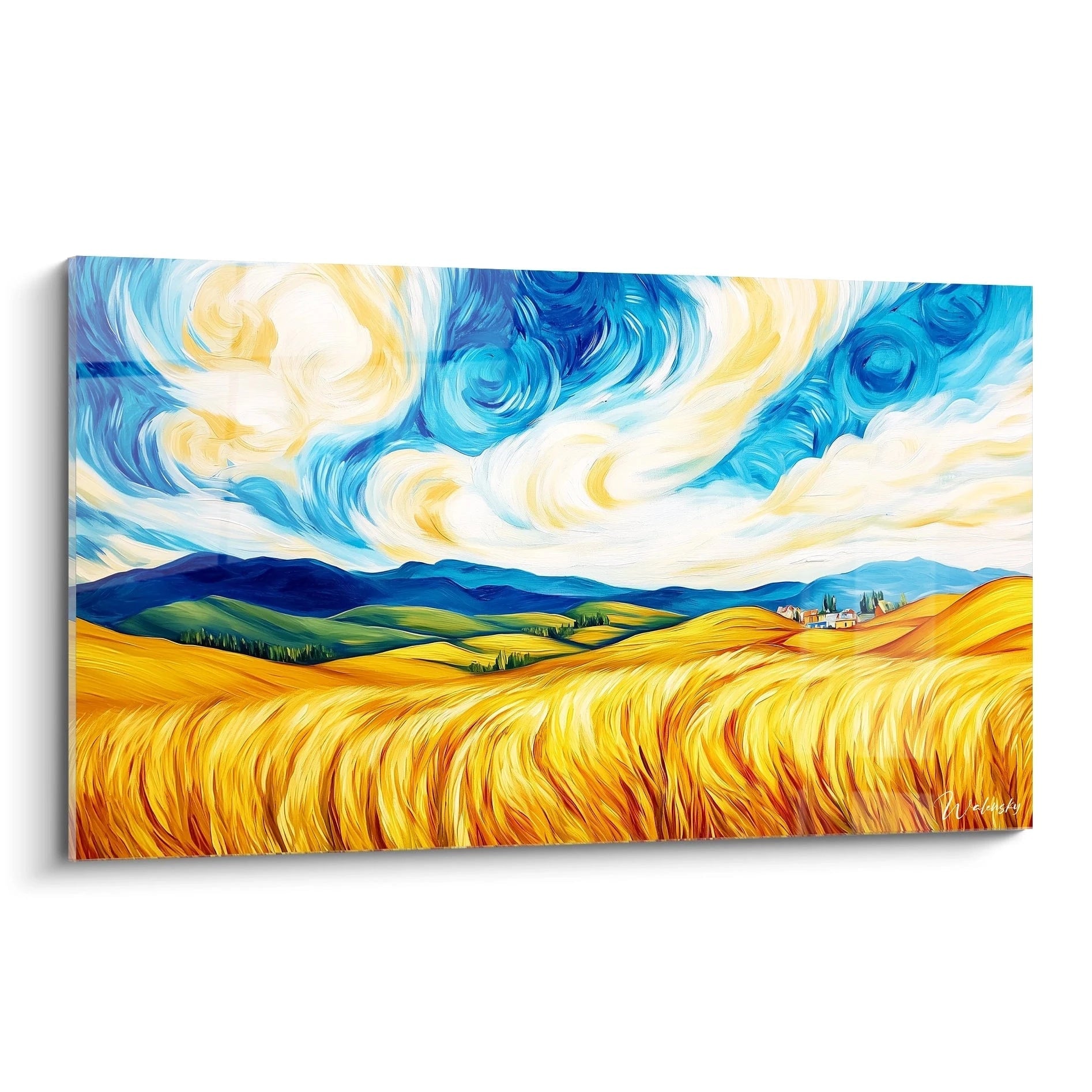 Un tableau Vincent Van Gogh représentant des champs dorés et un ciel tourbillonnant, avec des teintes jaune, bleu et blanc, et des textures fluides et dynamiques.