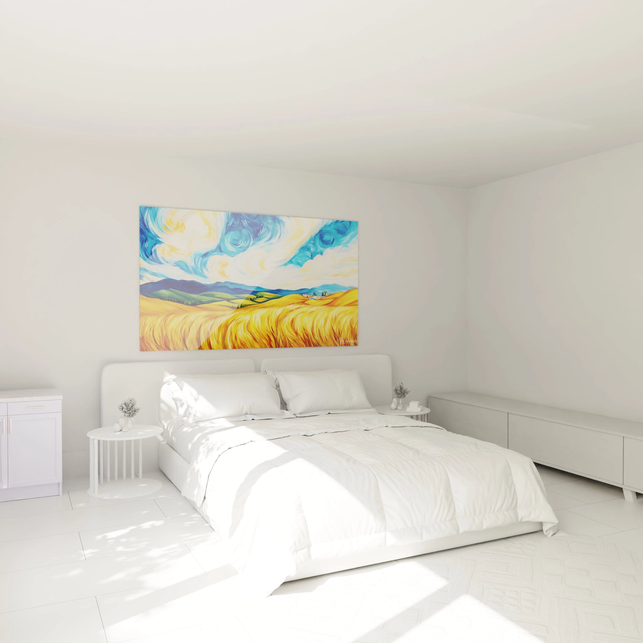 Un tableau Vincent Van Gogh illustrant des collines vertes et des champs de blé dorés sous un ciel texturé en nuances de bleu et blanc, avec des lignes ondulées.