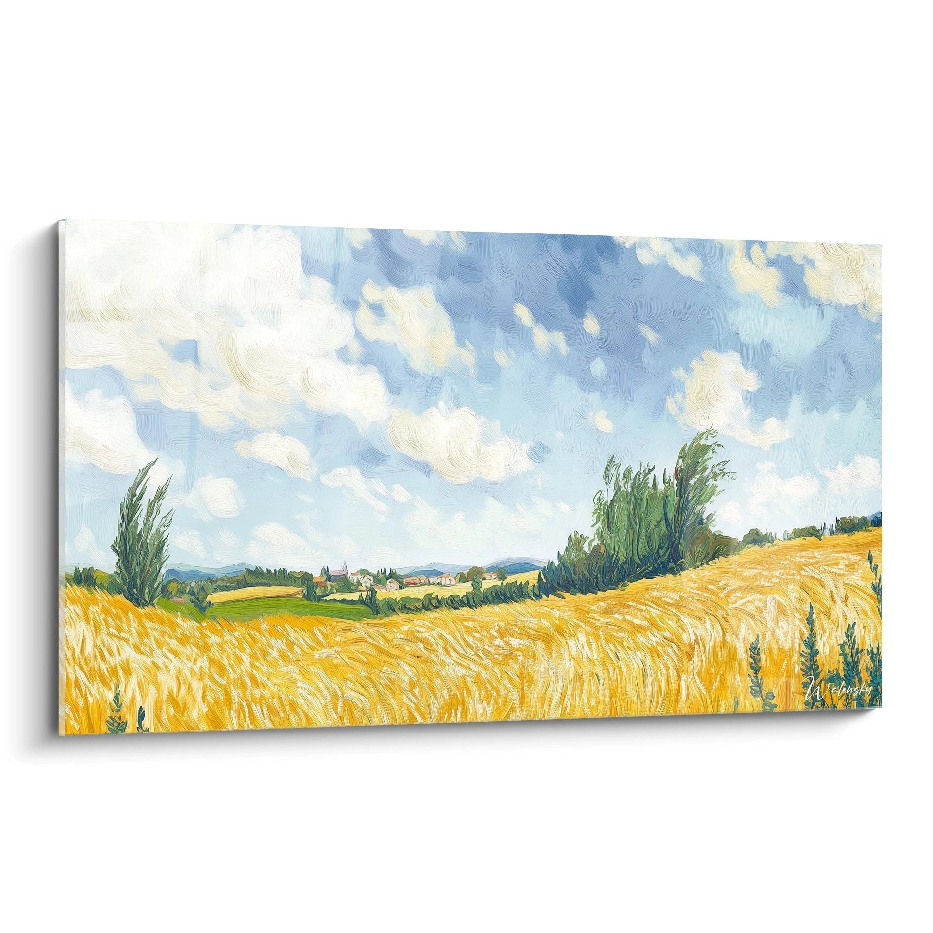 Un tableau Vincent Van Gogh représentant un champ de blé doré, un ciel bleu clair avec des nuages blancs et des arbres verts, avec des textures visibles et des lignes fluides.