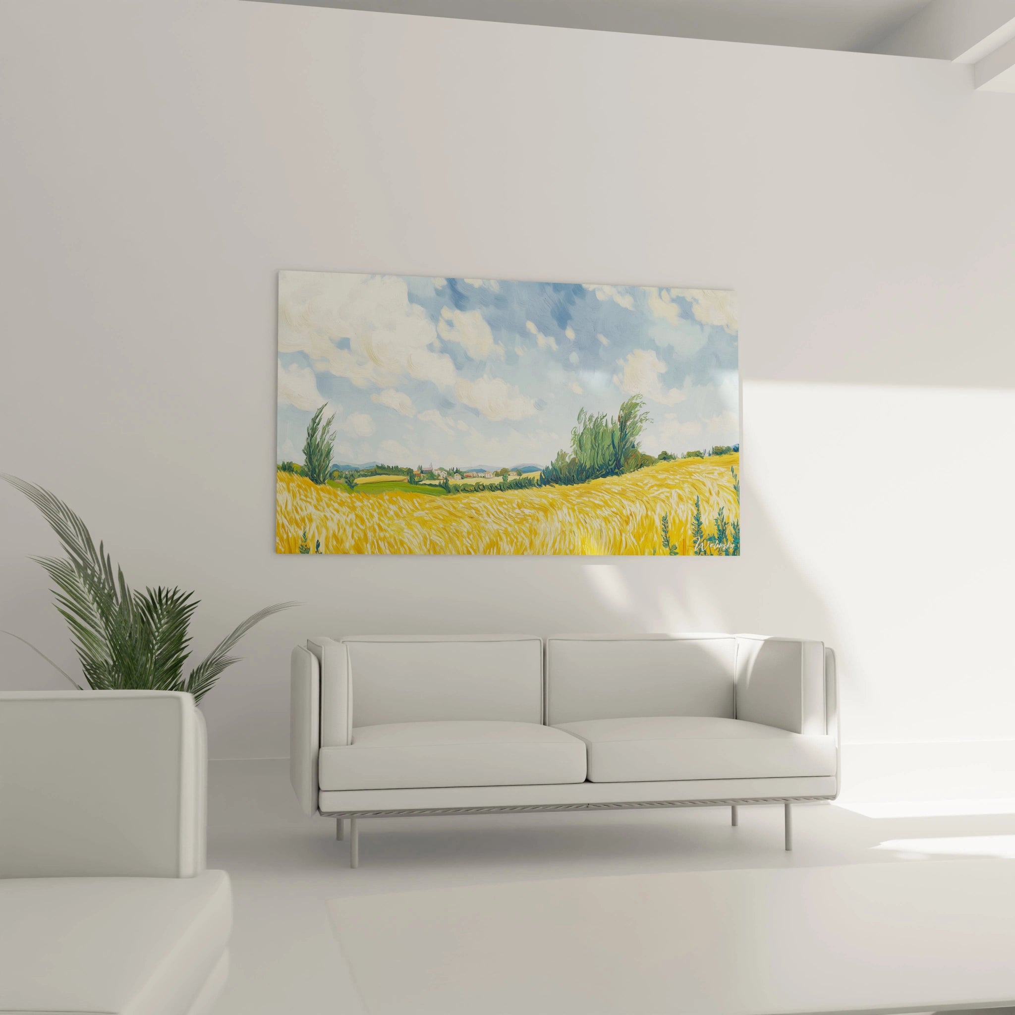 Un tableau Vincent Van Gogh montrant des épis de blé dorés en premier plan, des arbres inclinés verts, et un ciel bleu clair parcouru de nuages texturés.