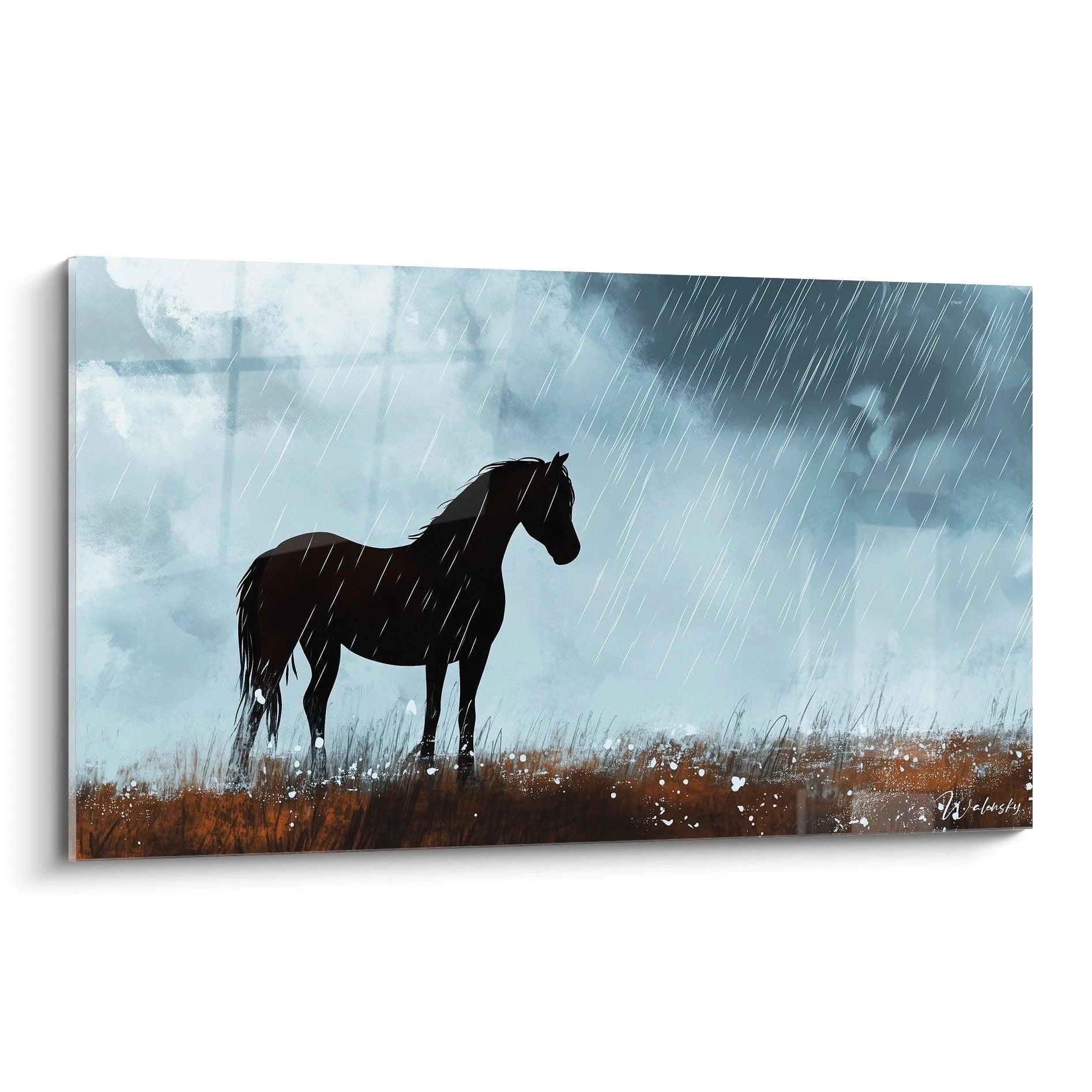 Un tableau Théodore Géricault représentant un cheval noir immobile sous la pluie, avec un ciel nuageux en bleu et gris, et un sol brun texturé par des éclats et des herbes.