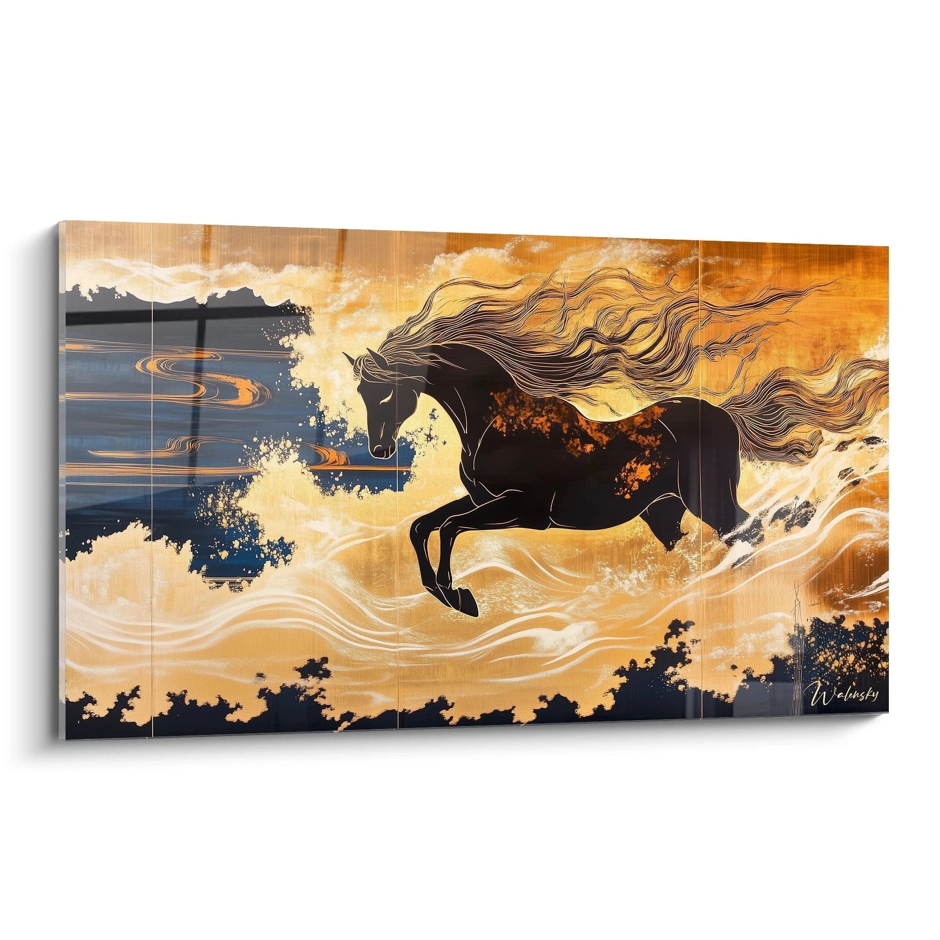 Un tableau Théodore Géricault représentant un cheval noir en plein saut, entouré de volutes dorées et de vagues stylisées, sur un fond contrasté de bleu profond et d’or avec des textures fluides et dynamiques.