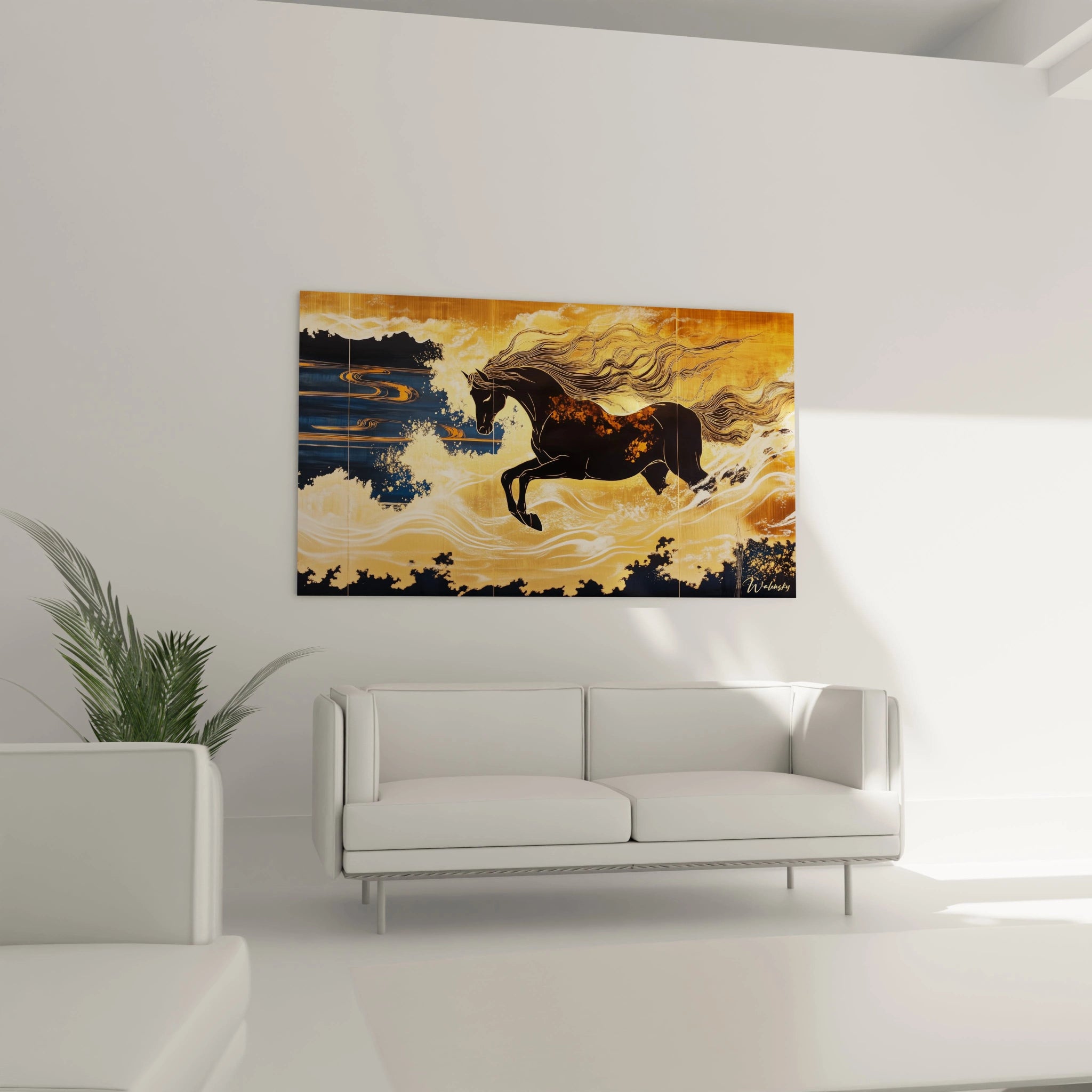 Un tableau Théodore Géricault montrant un cheval noir galopant dans un paysage aux nuances d’or et de bleu marine, avec une crinière fluide et des lignes dynamiques accentuant la sensation de mouvement.