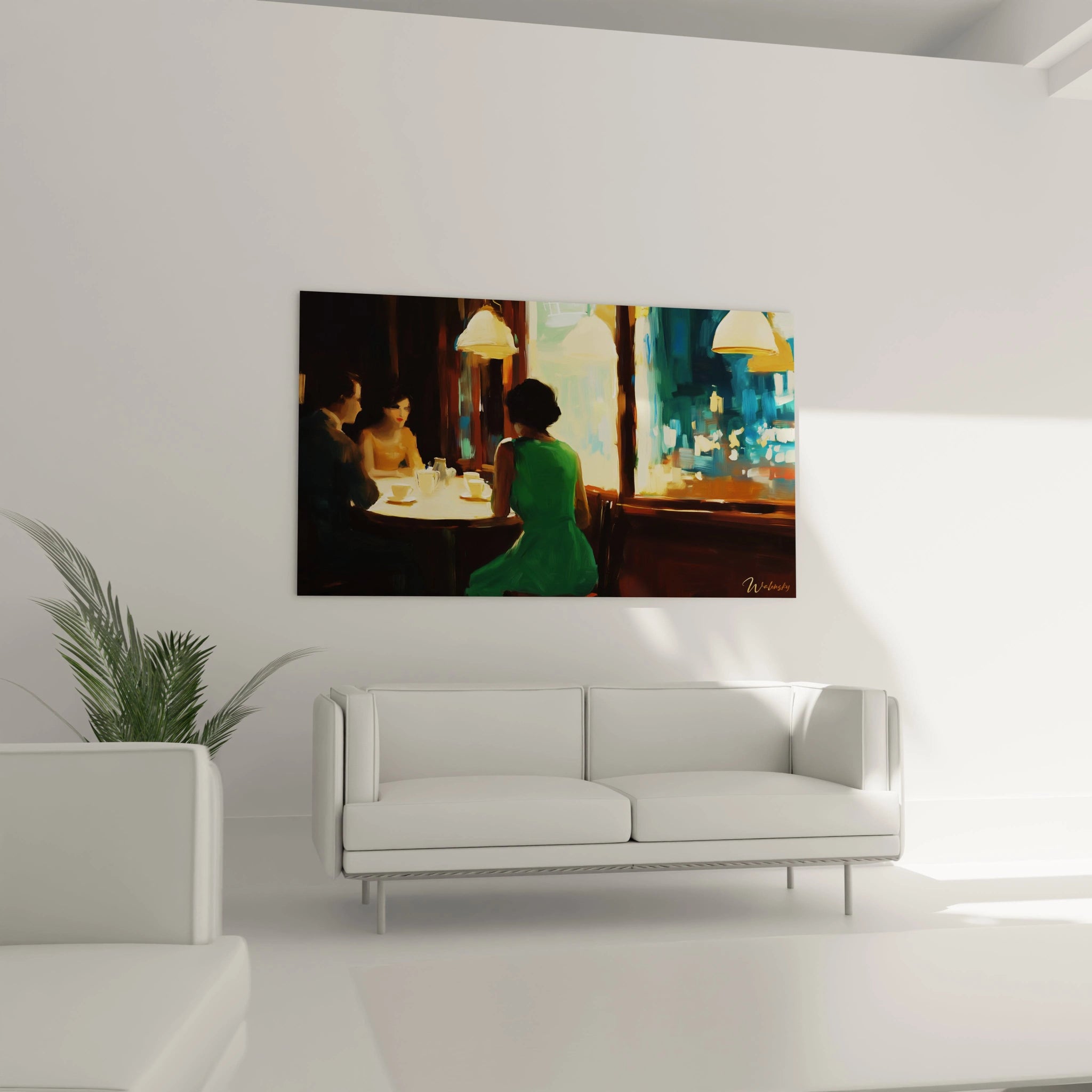 Un tableau Edward Hopper présentant un intérieur de café avec des personnages autour d’une table, utilisant des teintes vertes, ocres et bleu marine, et des aplats de couleur pour les arrière-plans.