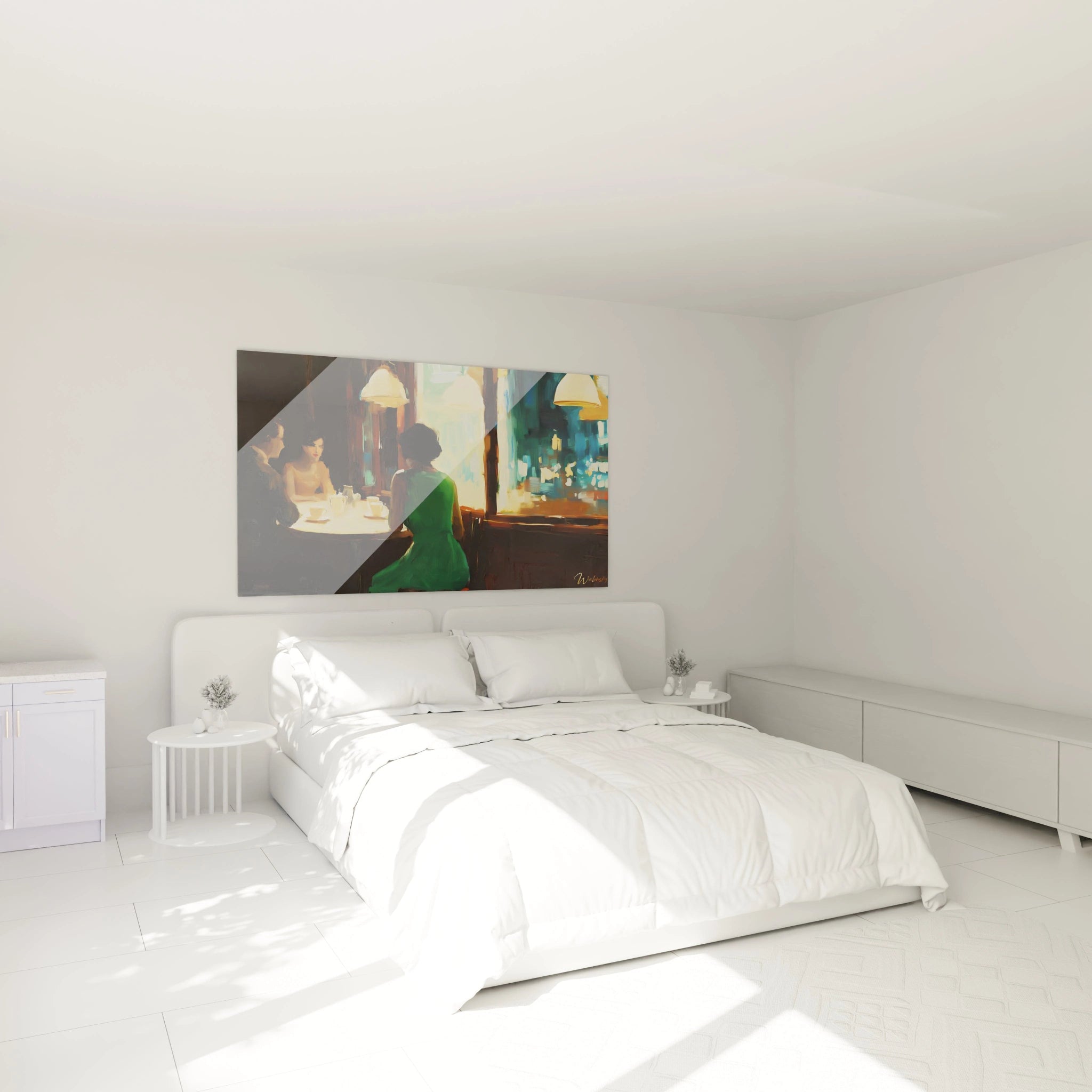 Une scène de café nocturne dans un tableau Edward Hopper, montrant des personnages éclairés par des lampes suspendues, avec des tons de jaune, marine et marron, et des reflets subtils.