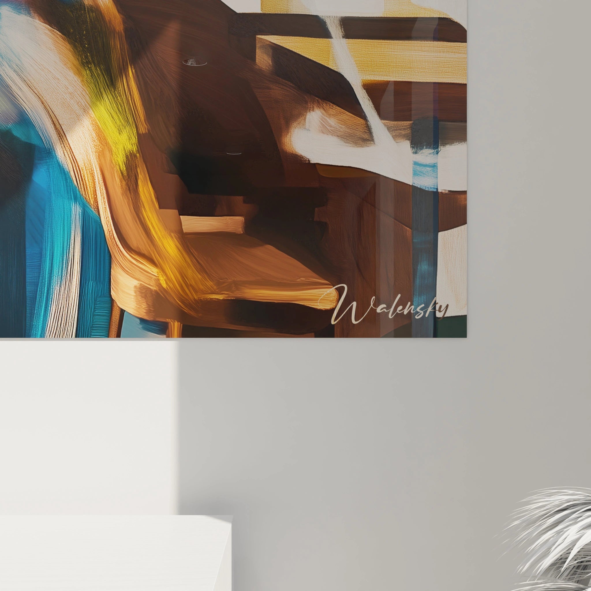 Un tableau artistique abstrait de style Edward Hopper, caractérisé par des silhouettes fluides et des tons lumineux mêlant vert, bleu et orange avec des textures transparentes et superposées.