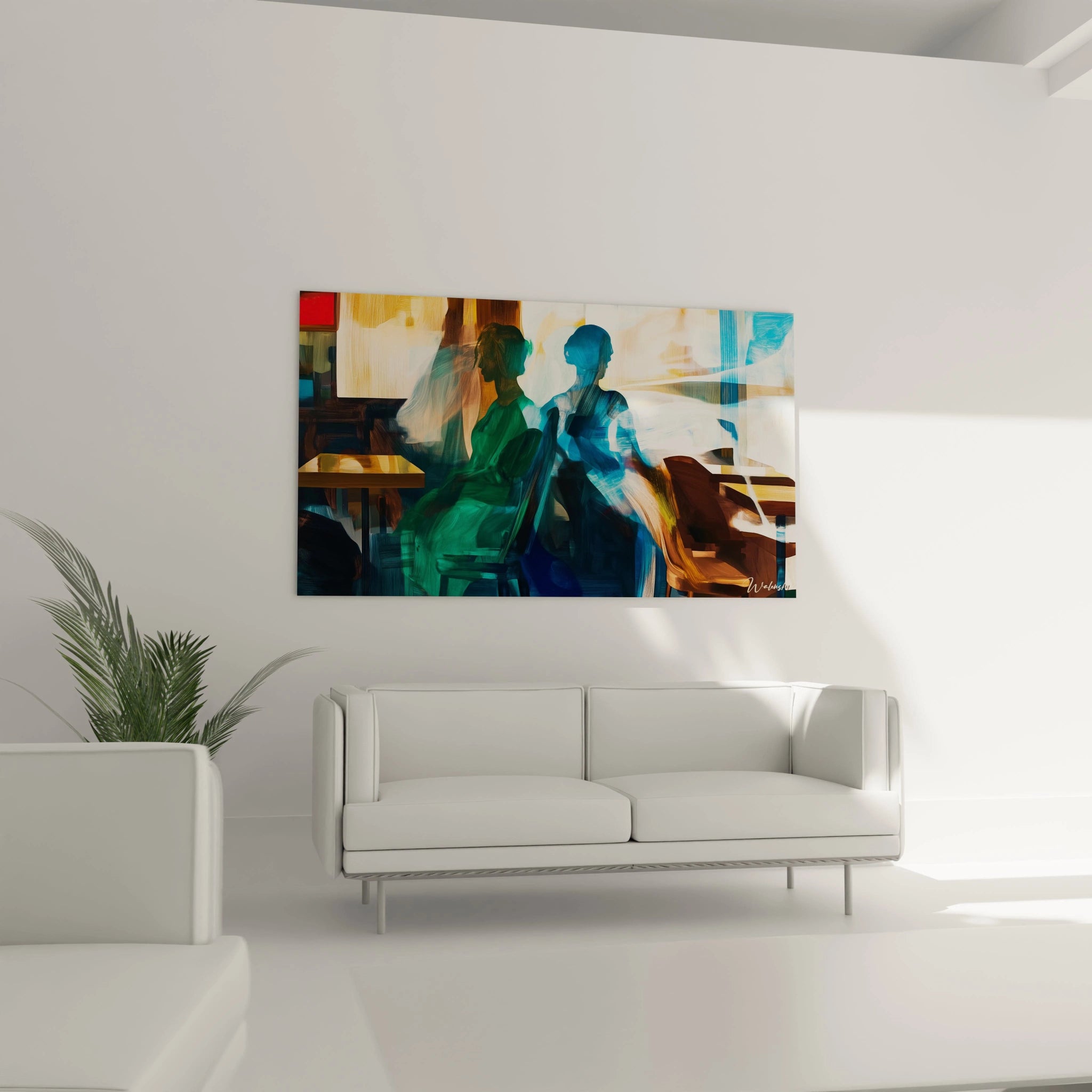 Tableau Edward Hopper abstrait illustrant des personnages et des formes géométriques, avec des couleurs principales vert émeraude, bleu profond et ocre.