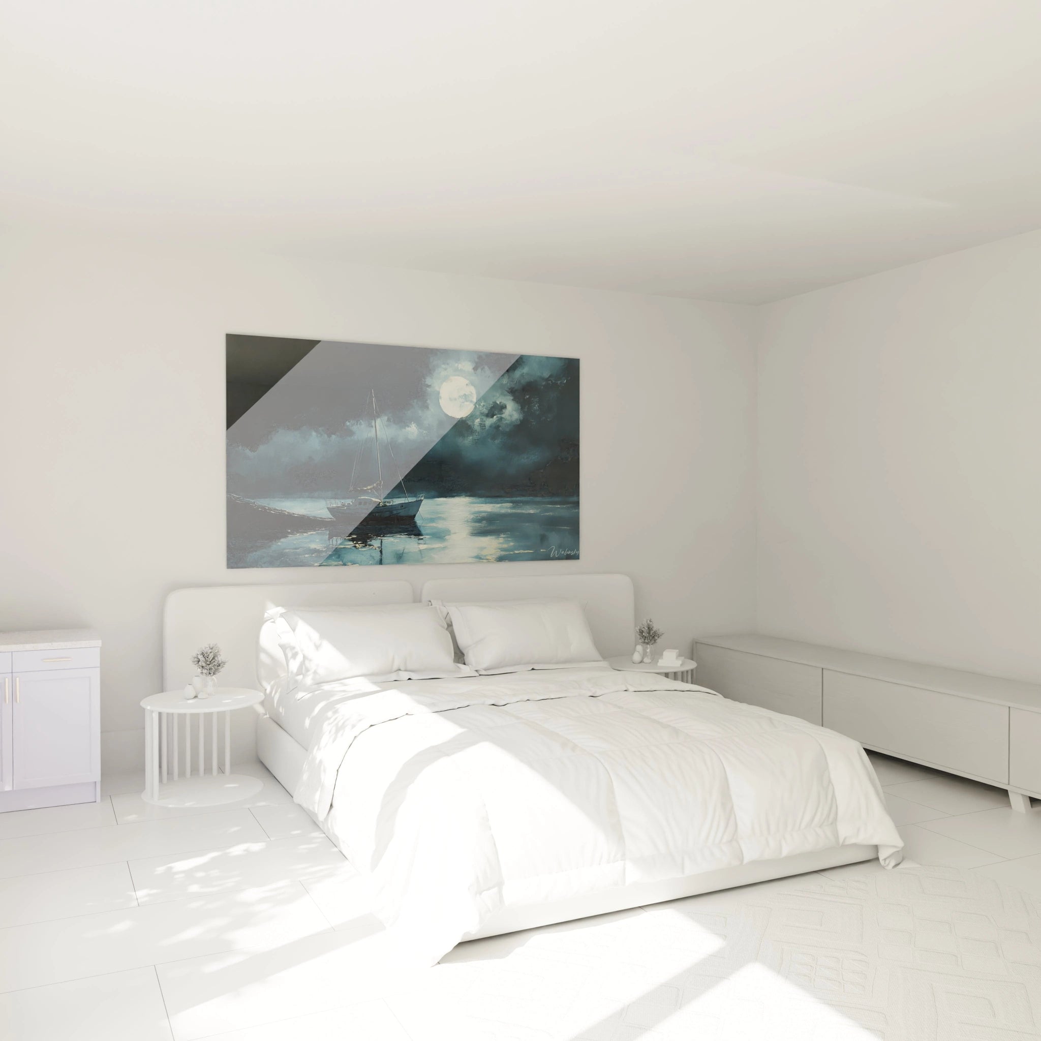 Un tableau Claude Joseph Vernet illustrant un paysage maritime nocturne avec un bateau à voile et un ciel nuageux. Texture fluide sur l’eau, contrastes marqués entre la lumière et l’ombre.