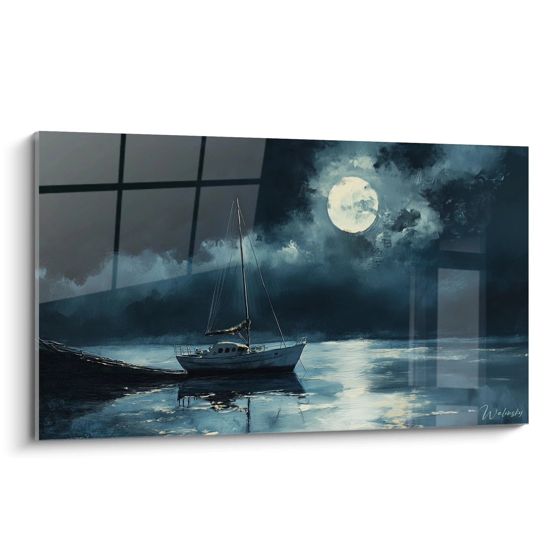 Un tableau Claude Joseph Vernet représentant un voilier ancré sur une mer calme, sous une pleine lune lumineuse. Teintes dominantes : bleu foncé, gris et noir, avec reflets lumineux sur l’eau.