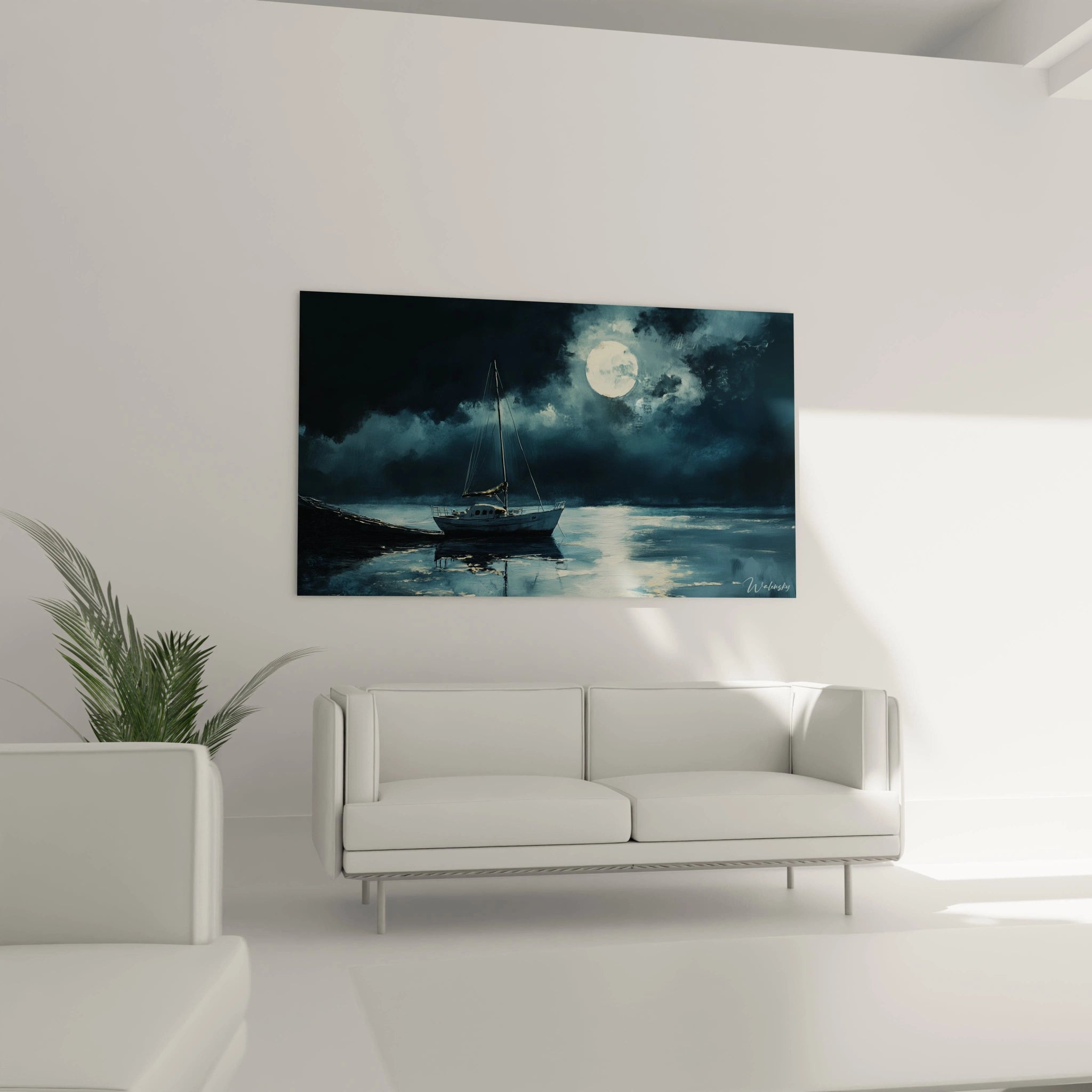 Un tableau Claude Joseph Vernet mettant en scène un navire solitaire sous un ciel orageux, avec un effet de clair-obscur. Couleurs principales : bleu profond, gris argenté et noir.