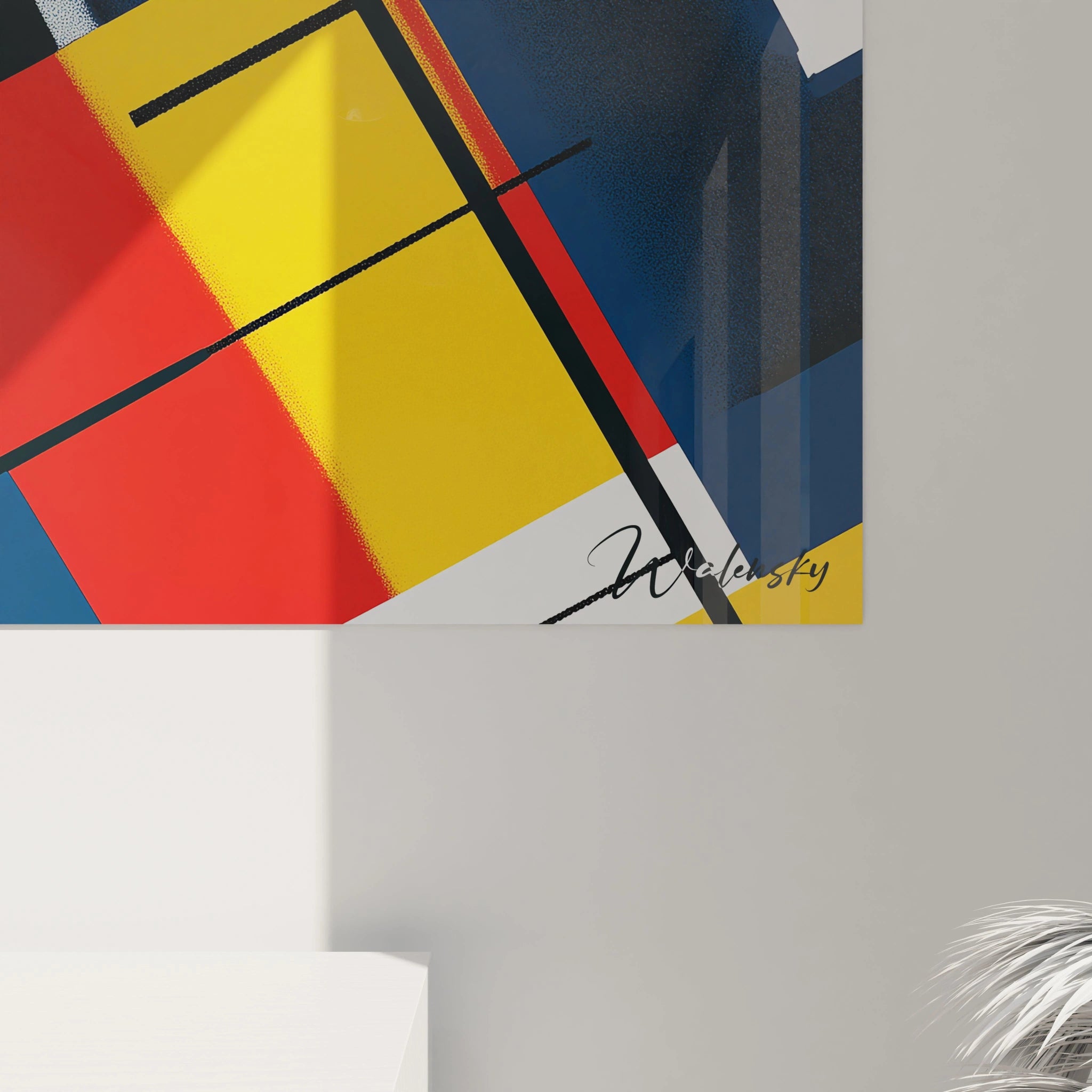 Détail d’un tableau Piet Mondrian montrant une composition géométrique précise, avec des couleurs primaires et des lignes contrastées, soulignant une surface légèrement texturée et des contours nets.
