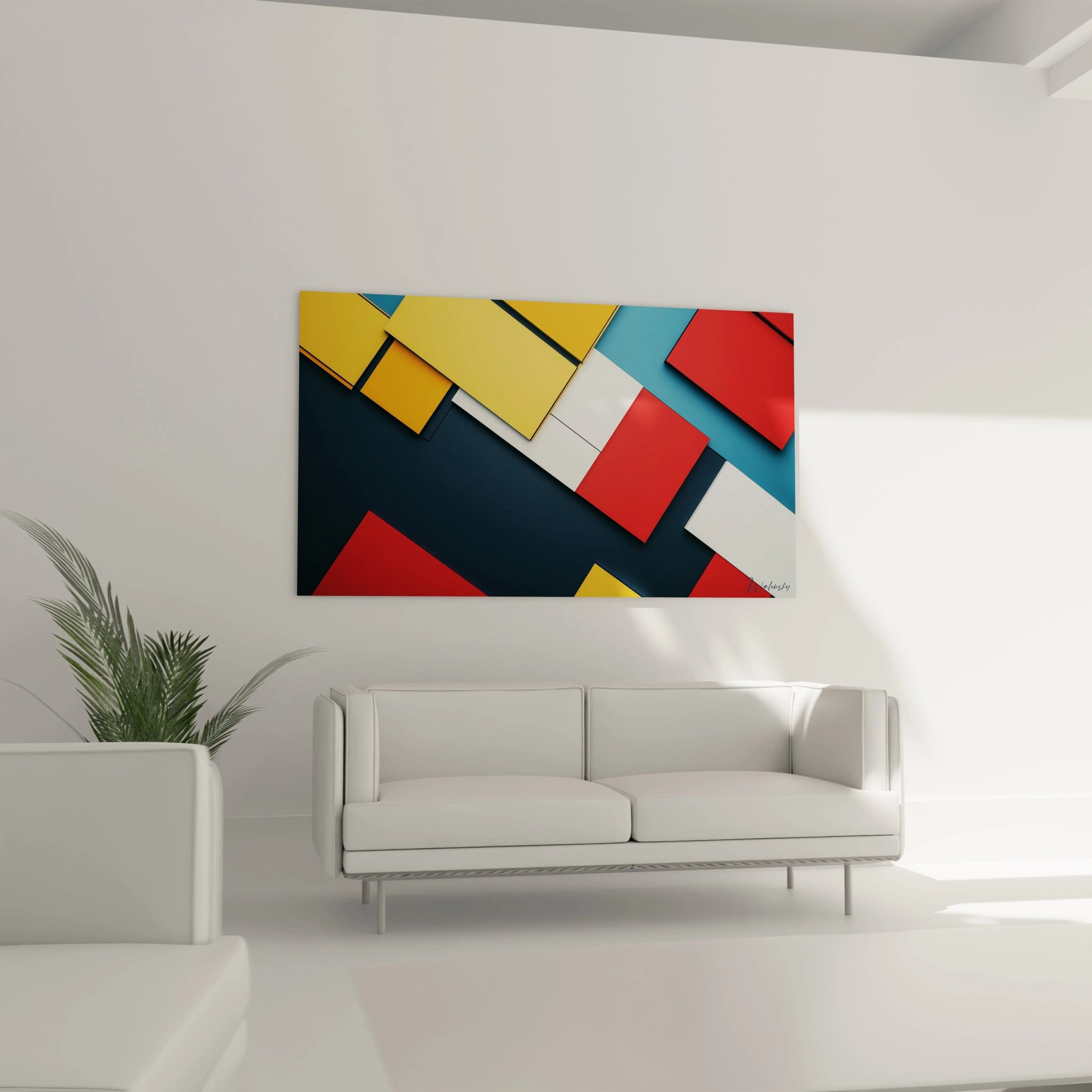 Un tableau Piet Mondrian aux formes rectangulaires dynamiques, où des lignes noires structurent des couleurs primaires éclatantes, avec des effets de texture lisse et des transitions nettes.