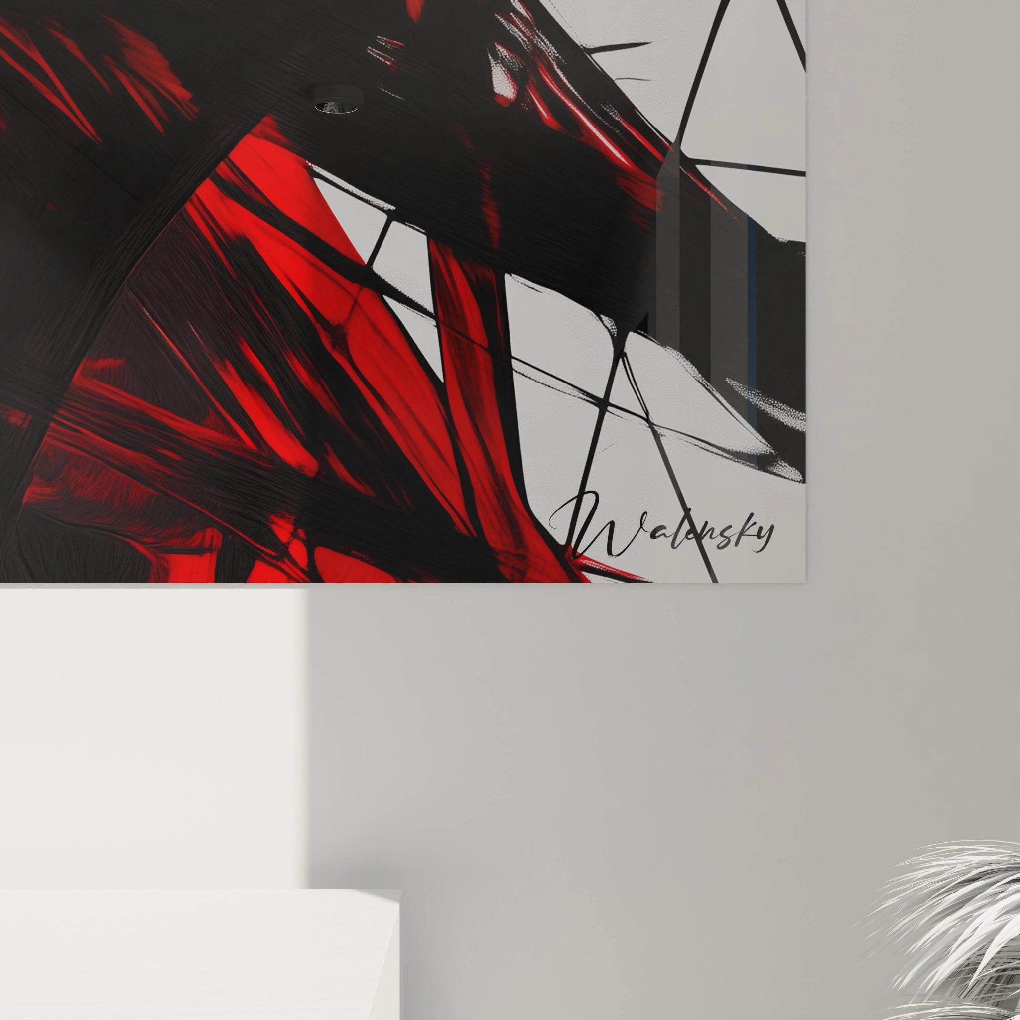 Un tableau Piet Mondrian illustrant des croisements de lignes abstraites en noir et rouge, avec des textures lisses et des aplats nets sur un arrière-plan blanc épuré.