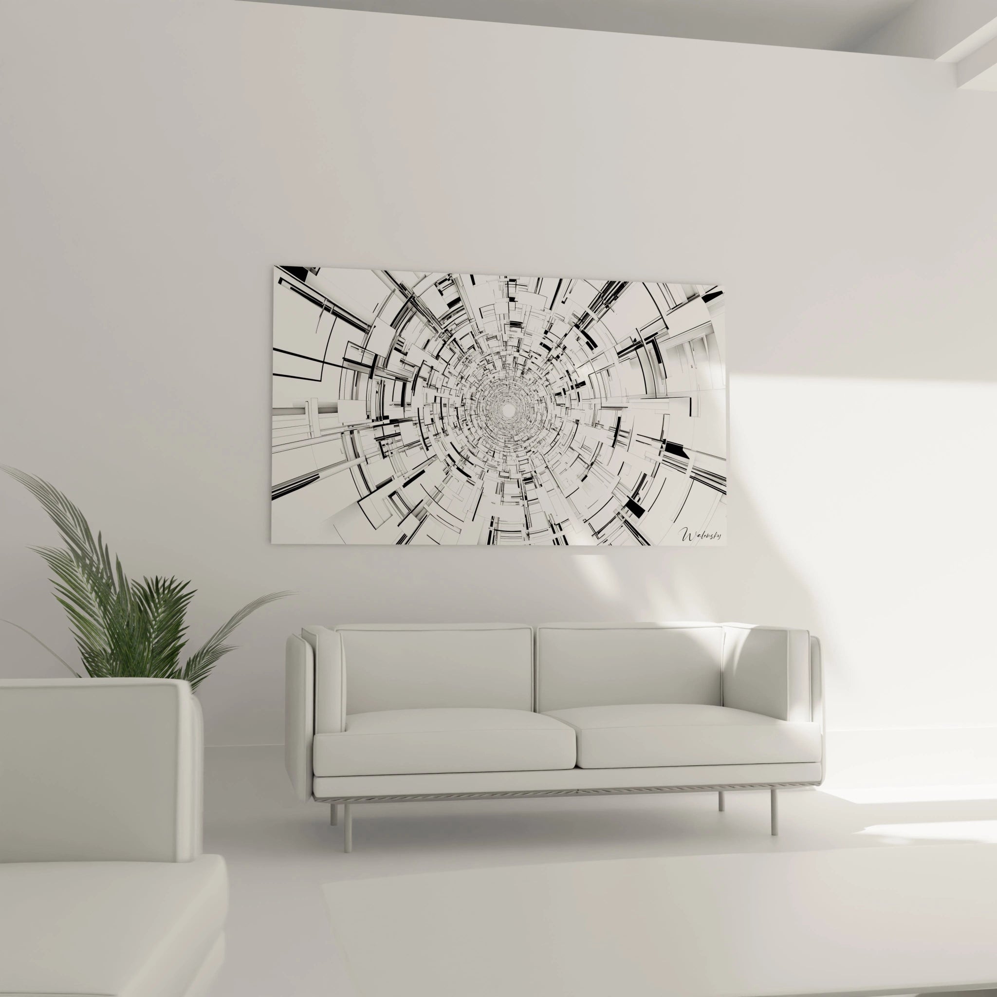 Un tableau Piet Mondrian affichant un réseau complexe de formes angulaires en noir et blanc, avec des superpositions linéaires et un effet de profondeur accentué par des variations d’épaisseur.