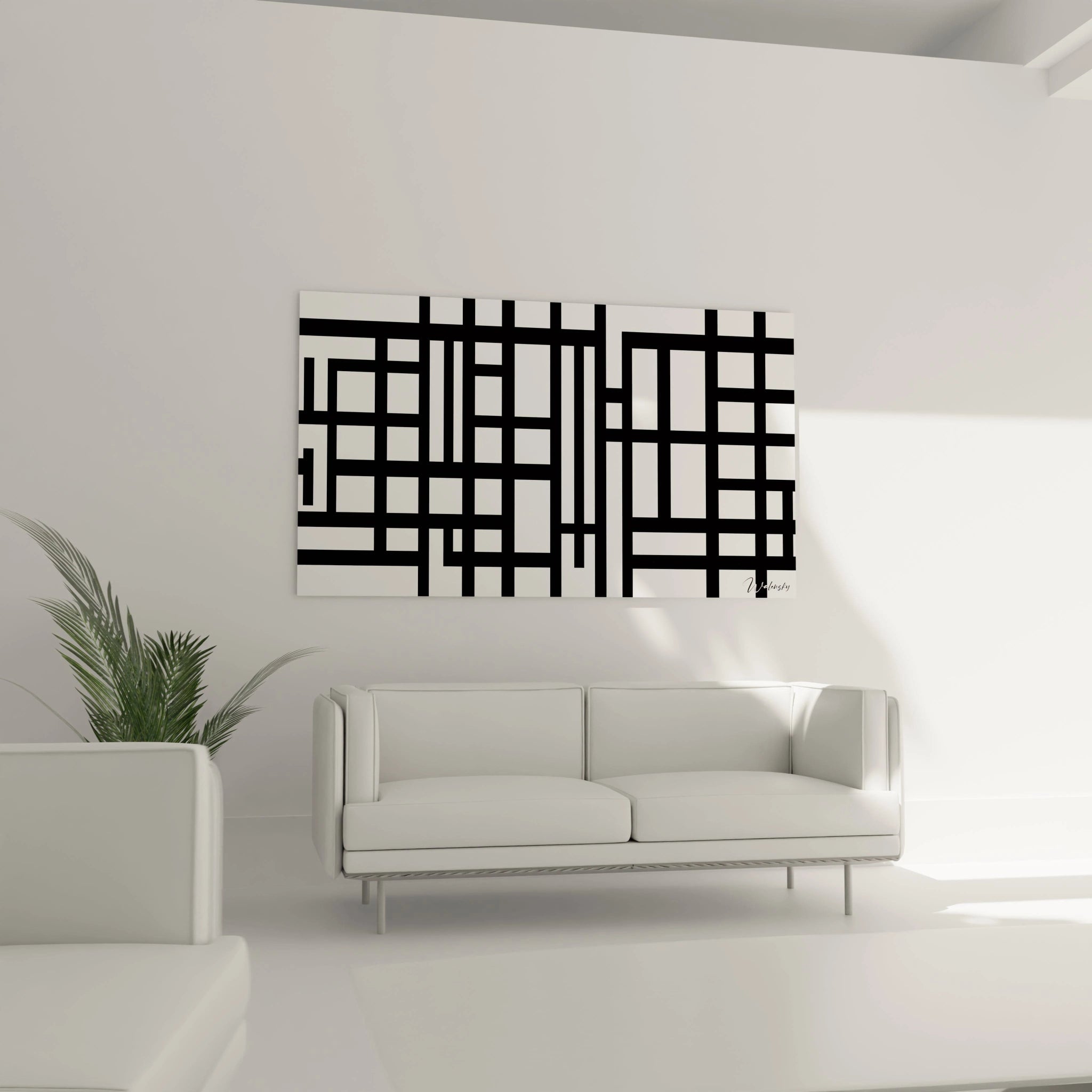 Un tableau Piet Mondrian montrant un agencement de traits noirs réguliers et de rectangles blancs, avec des variations d’épaisseur qui structurent l’espace dans une composition linéaire.