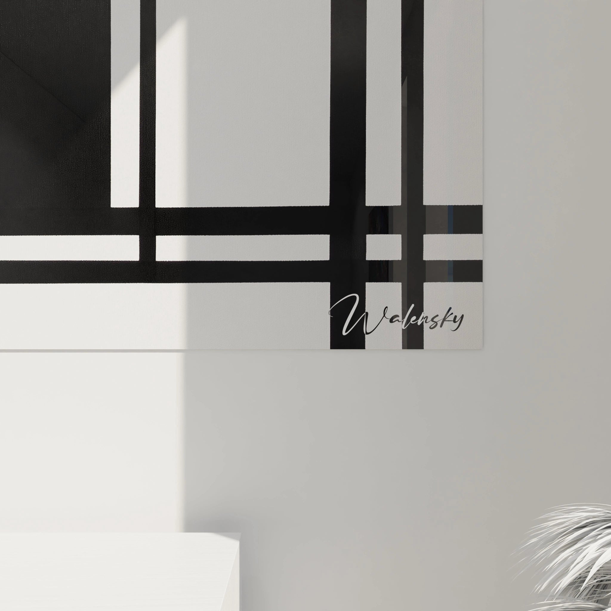 Un tableau Piet Mondrian mettant en avant des tracés noirs nets sur un fond blanc, avec des textures subtiles et une structure en quadrillage minimaliste et épuré.