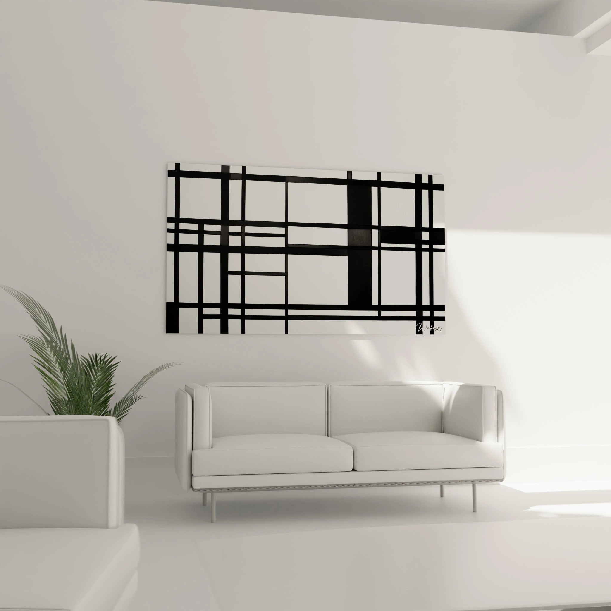 Un tableau Piet Mondrian illustrant un réseau de formes rectangulaires noires et blanches, où les lignes créent un contraste équilibré avec une disposition asymétrique.