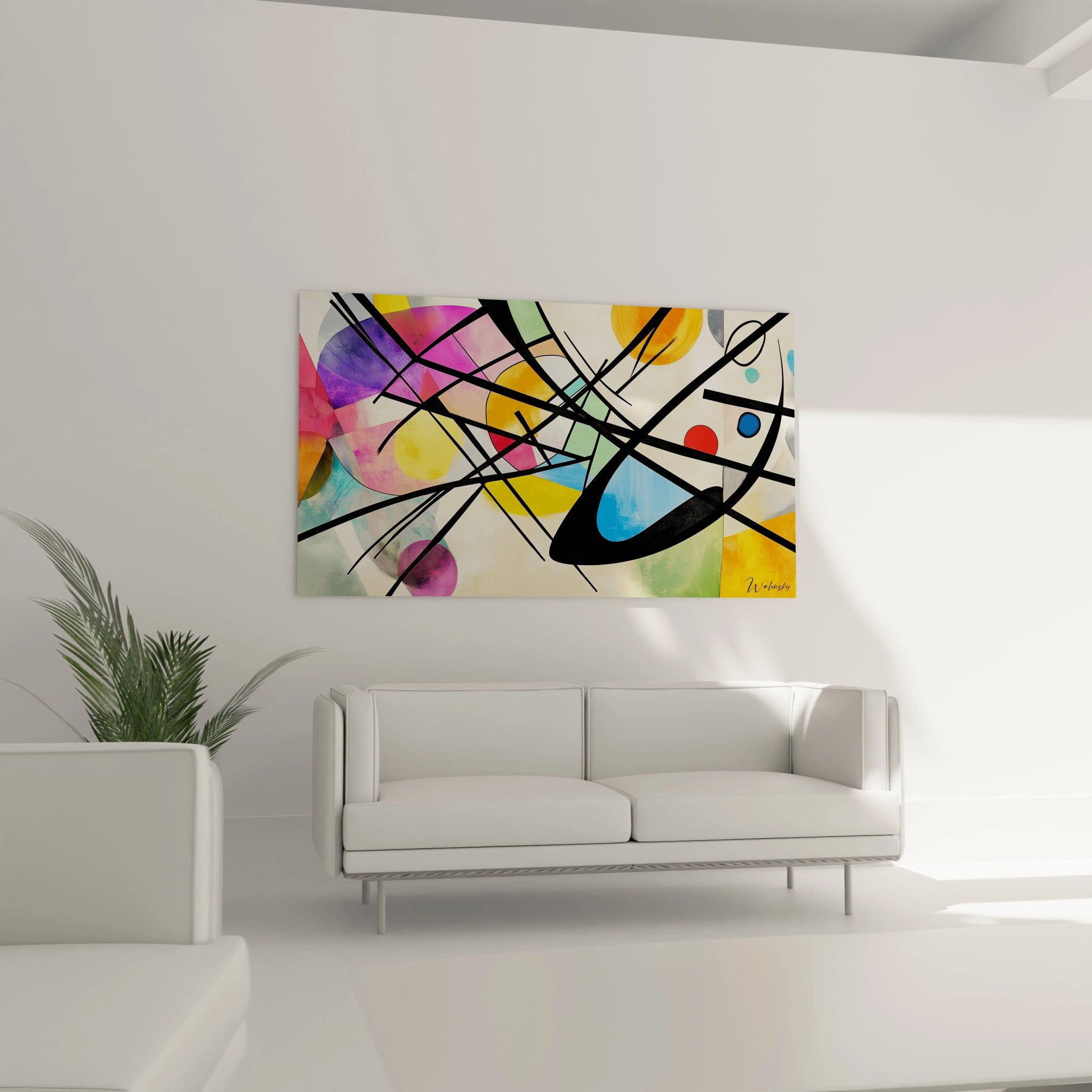 Un tableau artistique abstrait avec des lignes superposées, des cercles colorés et des textures douces, utilisant des teintes principales jaune, rouge, et bleu.