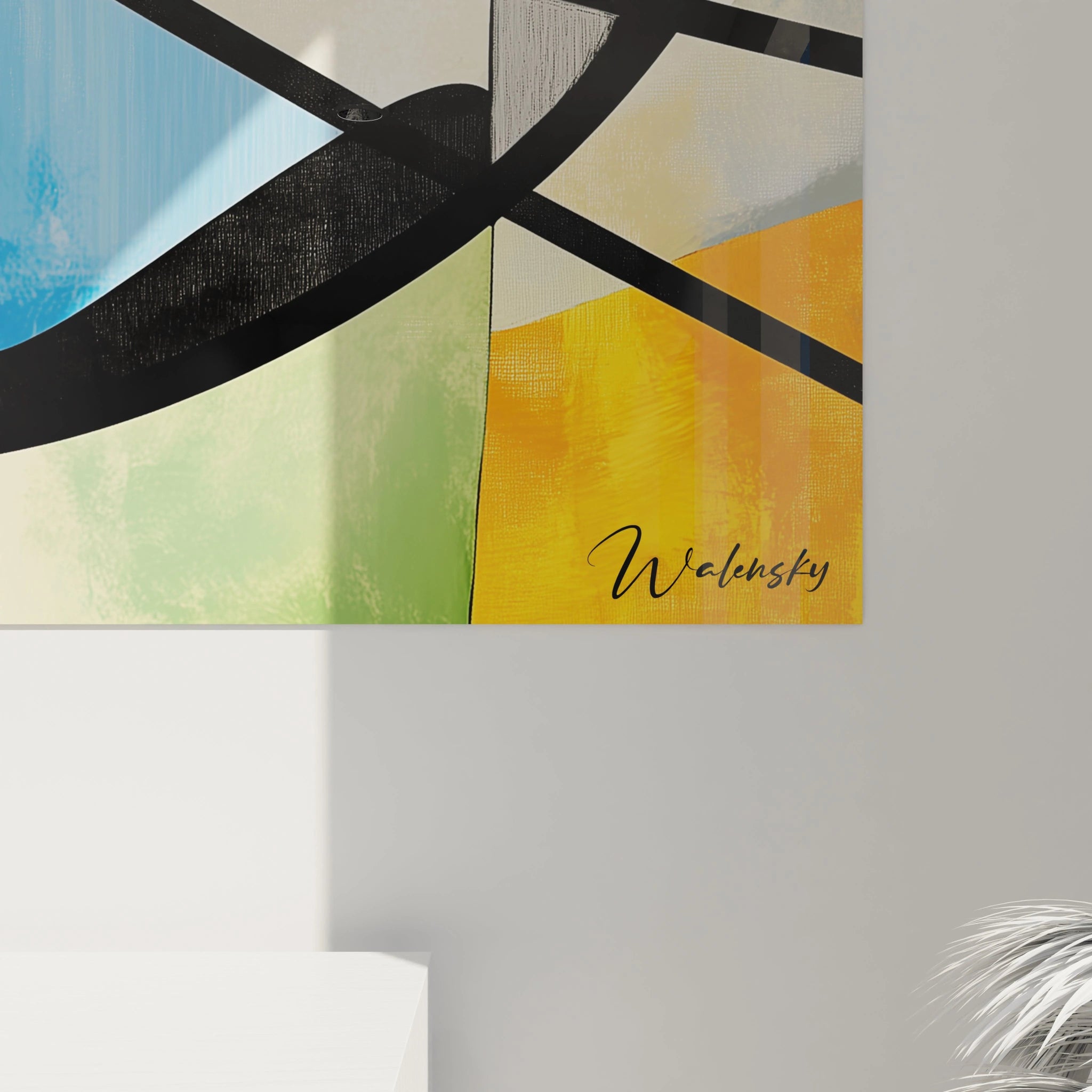 Un tableau wassily kandinsky illustrant des cercles imbriqués et des lignes droites en noir, avec des tons éclatants de jaune, rouge, et bleu sur un arrière-plan clair.