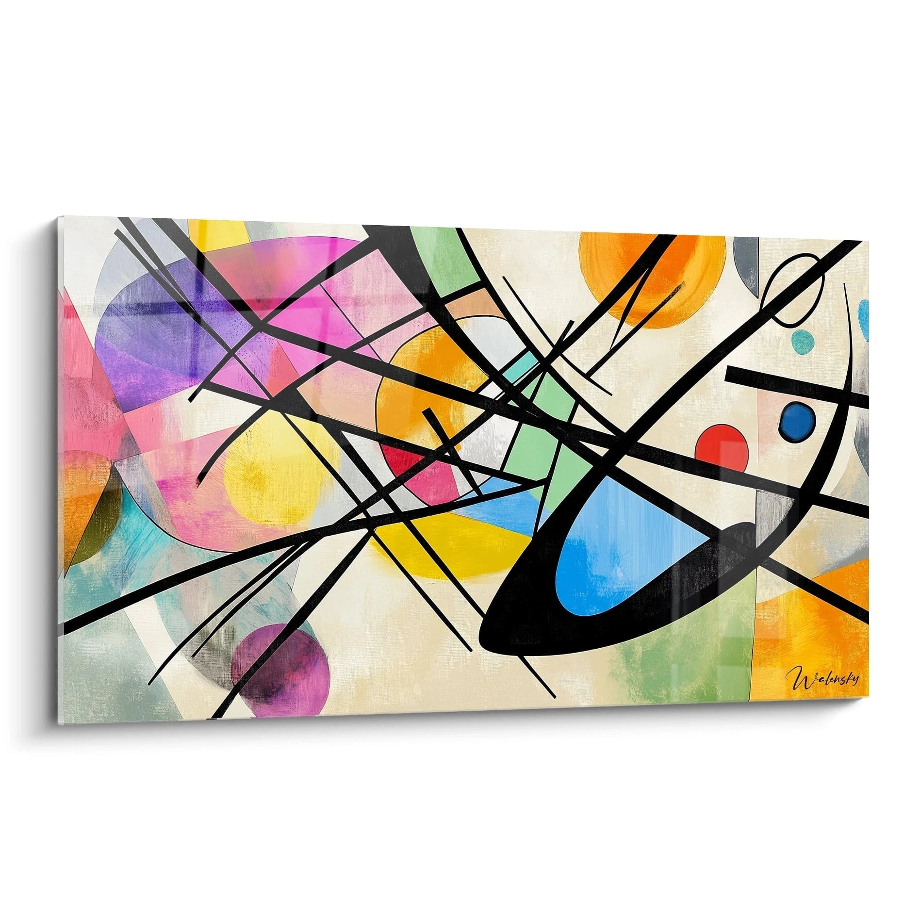 Un tableau artistique abstrait présentant des lignes noires croisées, des cercles multicolores, et des teintes dominantes jaune, rouge, et bleu sur un fond texturé clair.