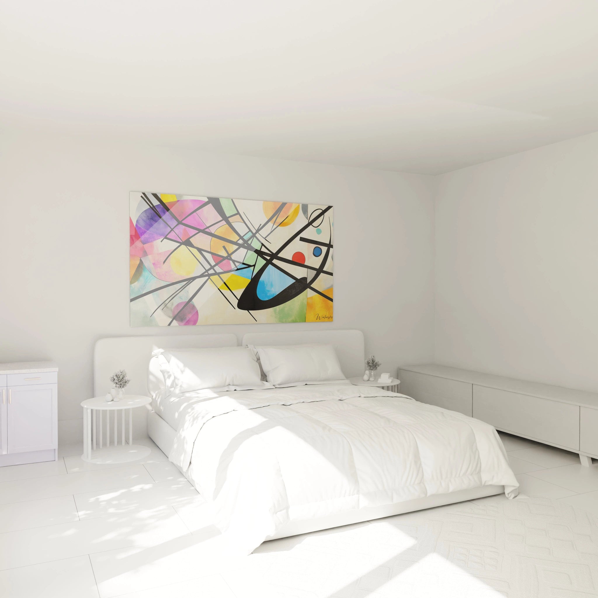 Un tableau wassily kandinsky composé de formes géométriques dynamiques, avec des lignes noires nettes et des couleurs vives comme le jaune, le bleu et le rouge.