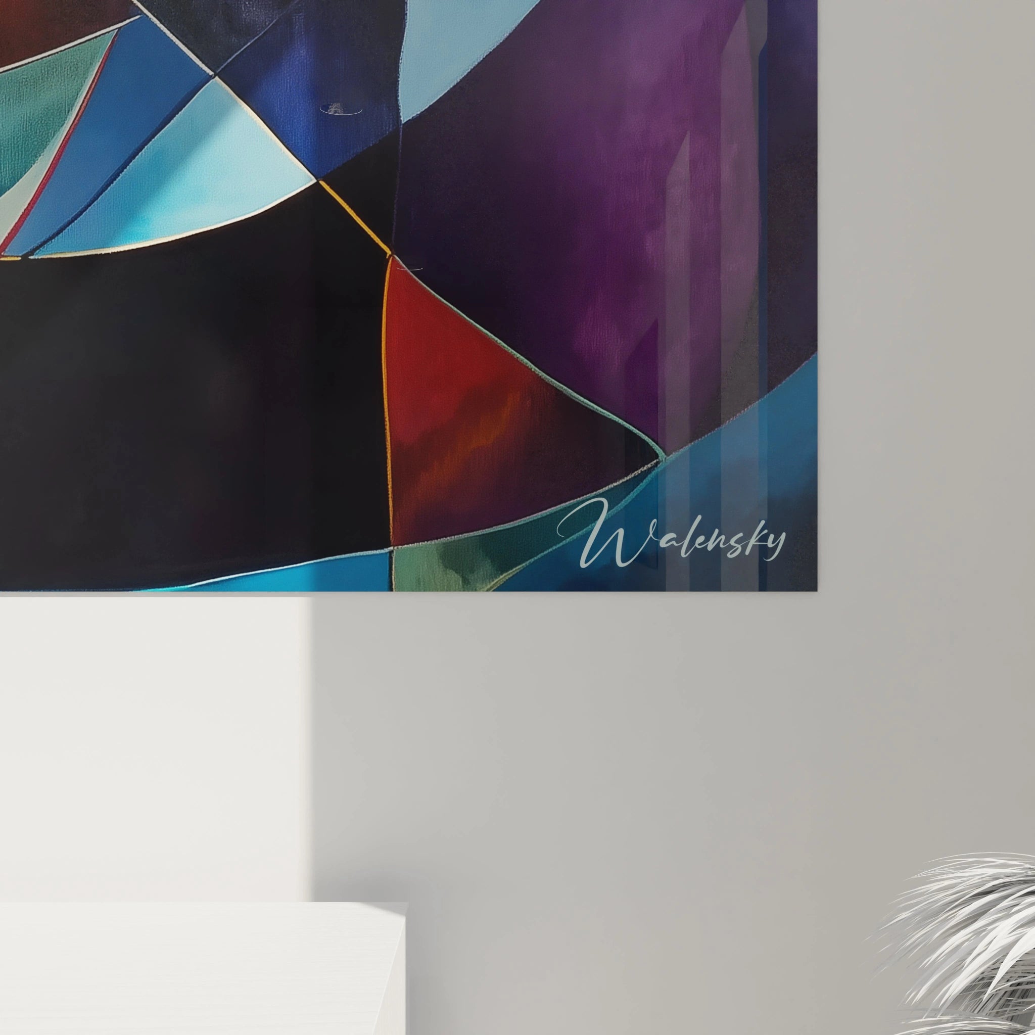 Un tableau wassily kandinsky caractérisé par des segments colorés en bleu, violet et jaune, séparés par des lignes fines et des textures dégradées uniformes sur un fond harmonieux.