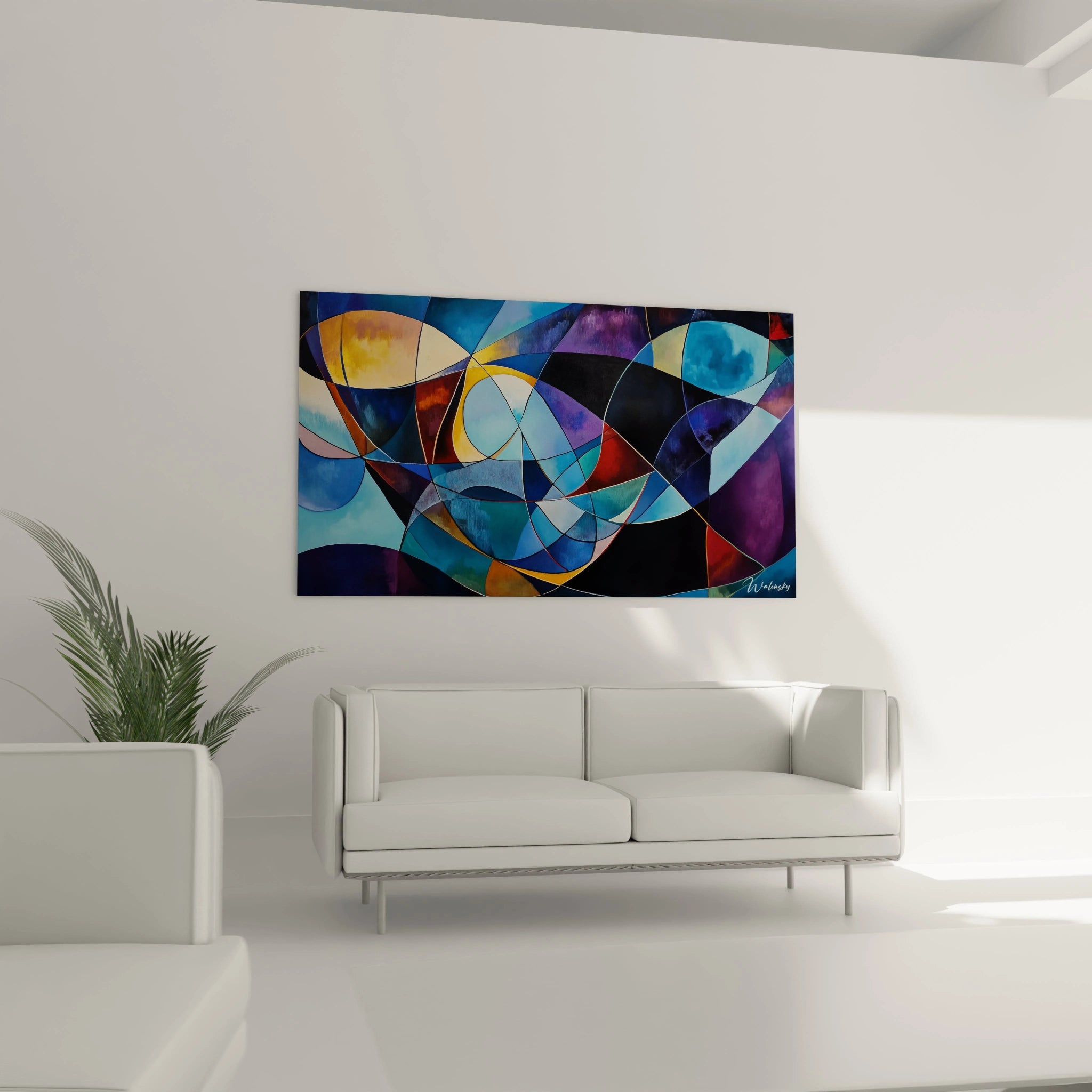 Un tableau artistique abstrait mettant en avant des formes entrelacées et des tons variés de bleu, violet et jaune, avec des transitions de couleurs douces et des contours nets.