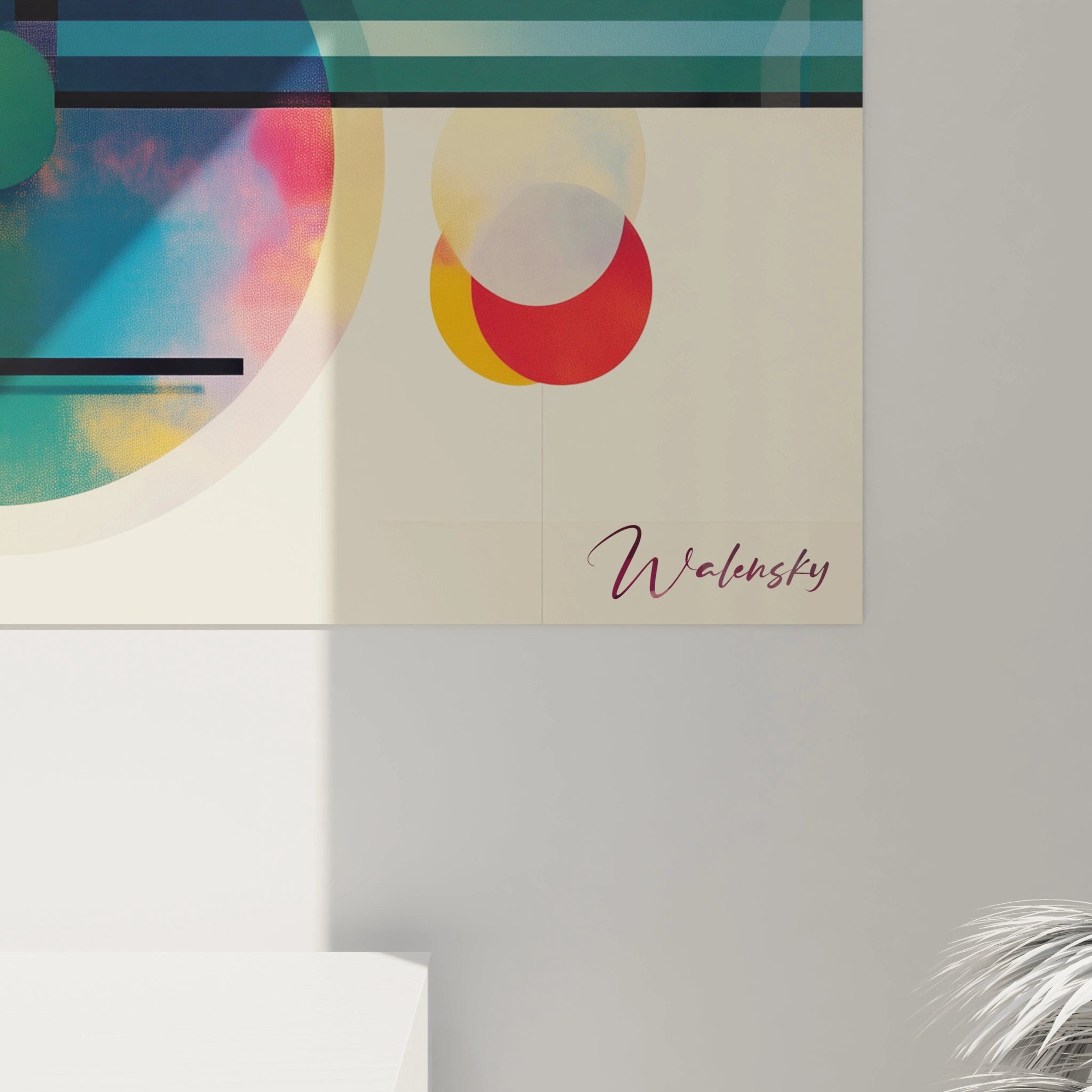 Tableau wassily kandinsky montrant des cercles imbriqués et des rectangles dans des teintes vives de rouge, jaune et violet, accentués par des lignes fines sur une composition géométrique.