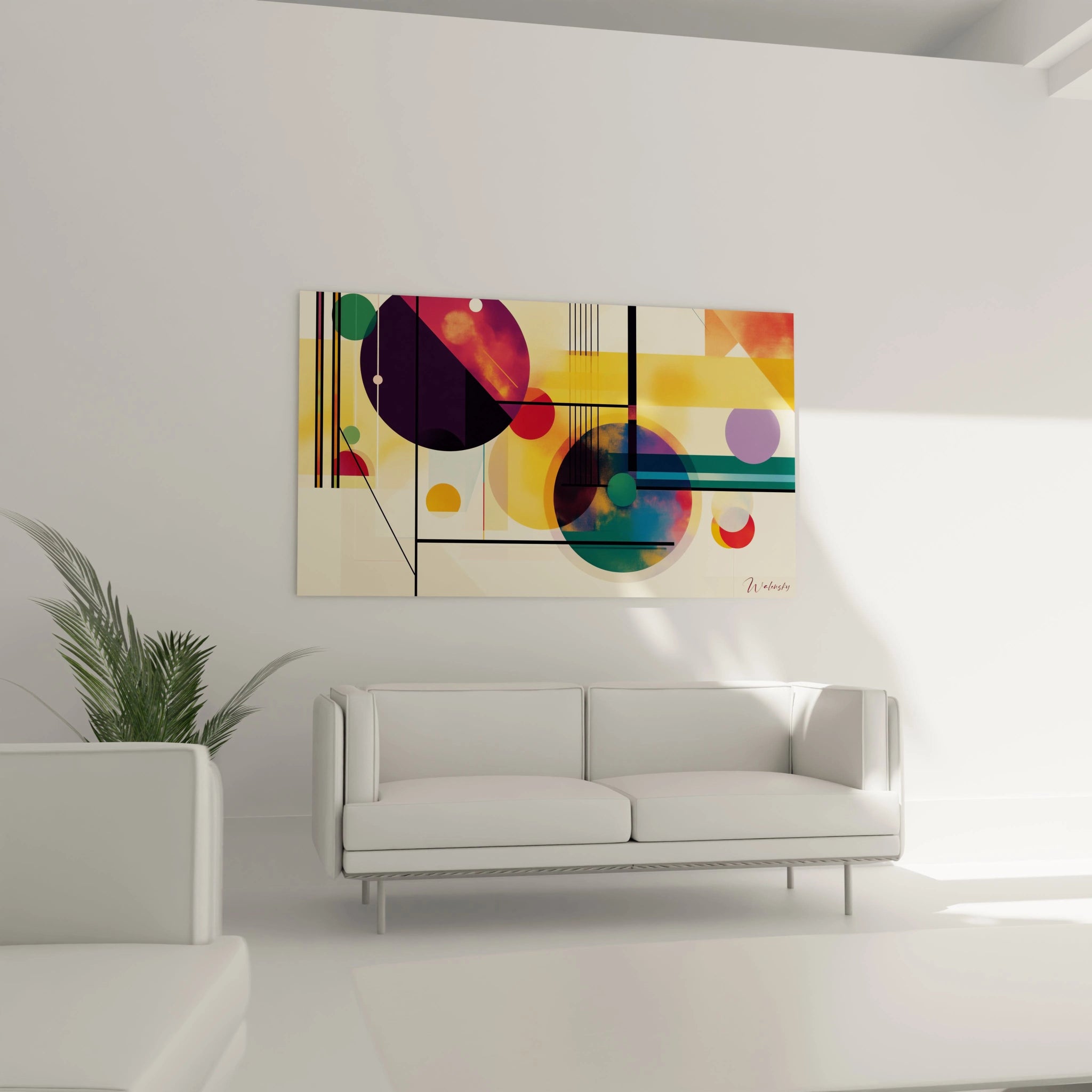 Un tableau artistique abstrait avec des cercles et rectangles multicolores, comprenant des nuances de jaune et de violet, des dégradés subtils et des lignes noires structurées sur un fond clair.