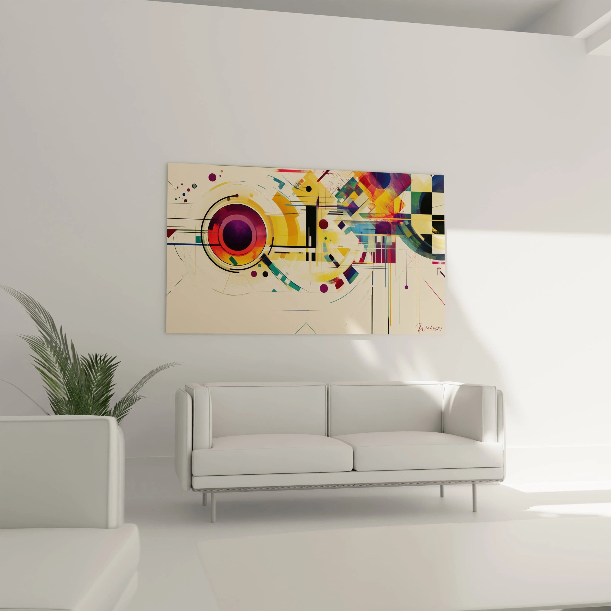 Un tableau artistique abstrait présentant des cercles imbriqués, des lignes noires droites et des blocs colorés en rouge, jaune et vert, le tout sur un fond beige uniforme.