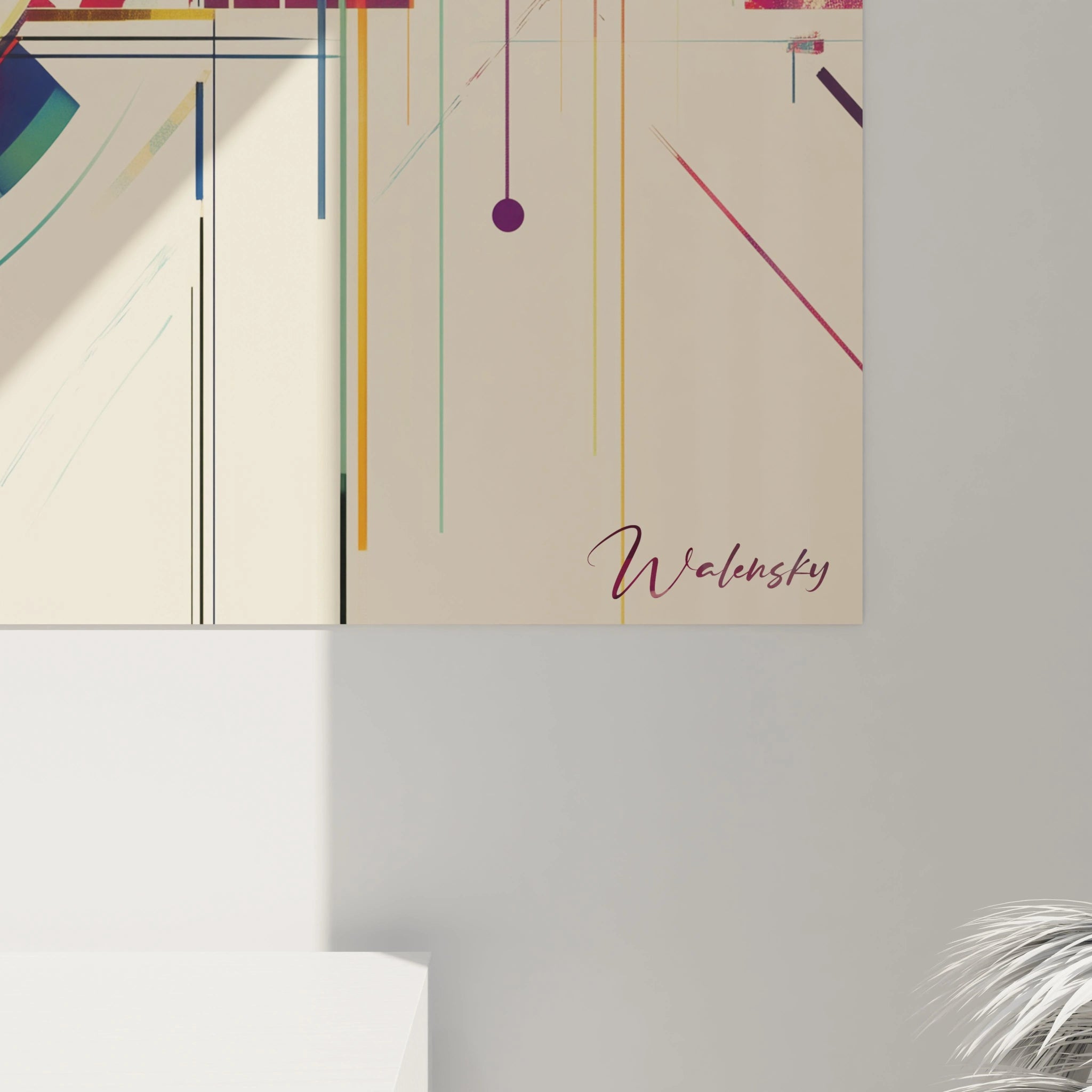 Tableau wassily kandinsky avec des cercles et arcs géométriques en rouge et jaune, complétés par des lignes noires fines et des teintes violettes sur une composition équilibrée.