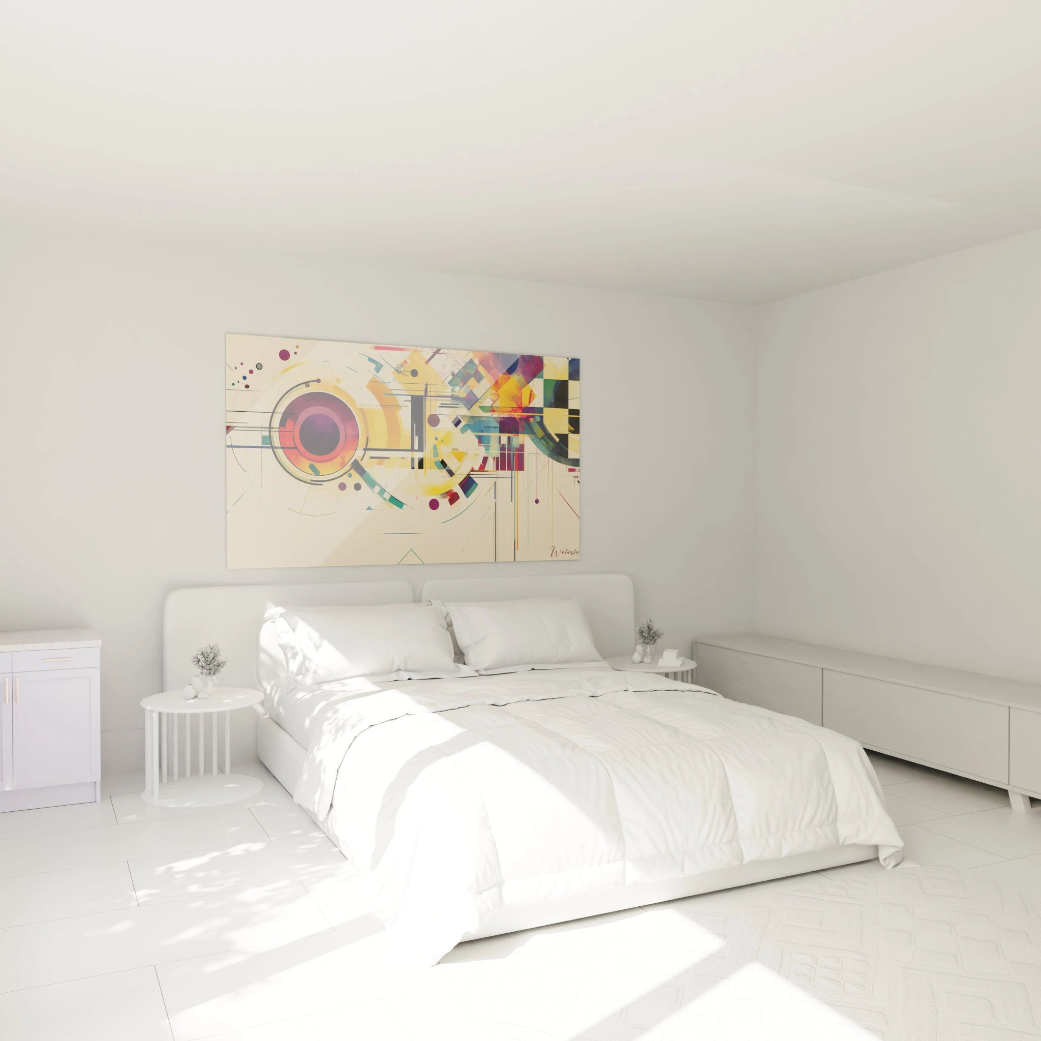 Tableau wassily kandinsky mettant en avant des motifs circulaires et angulaires, avec des couleurs vives comme le jaune, le rouge et le violet, accompagnées de textures douces et nettes.